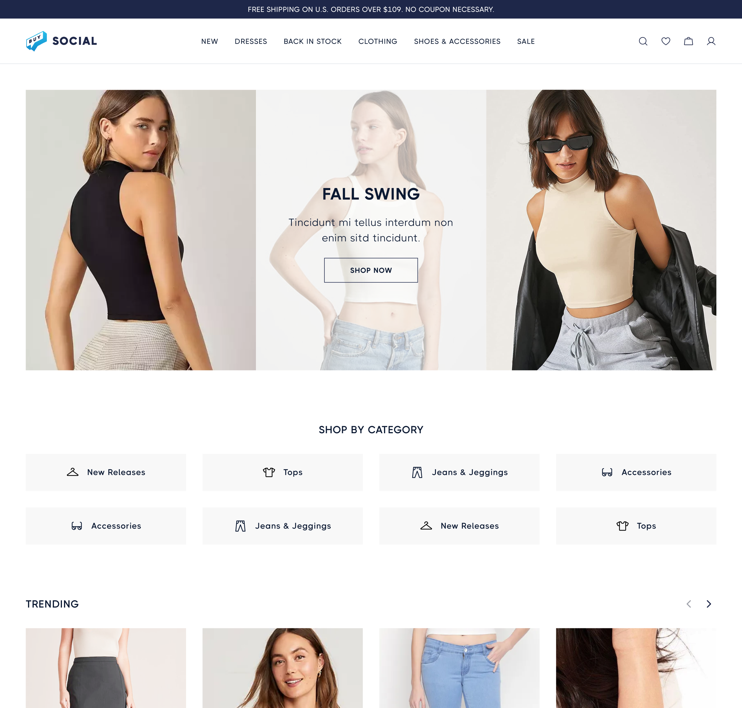 Buy Social branded webstore homepage with hero banner, shop-by-category navigation, and trending products on a custom domain