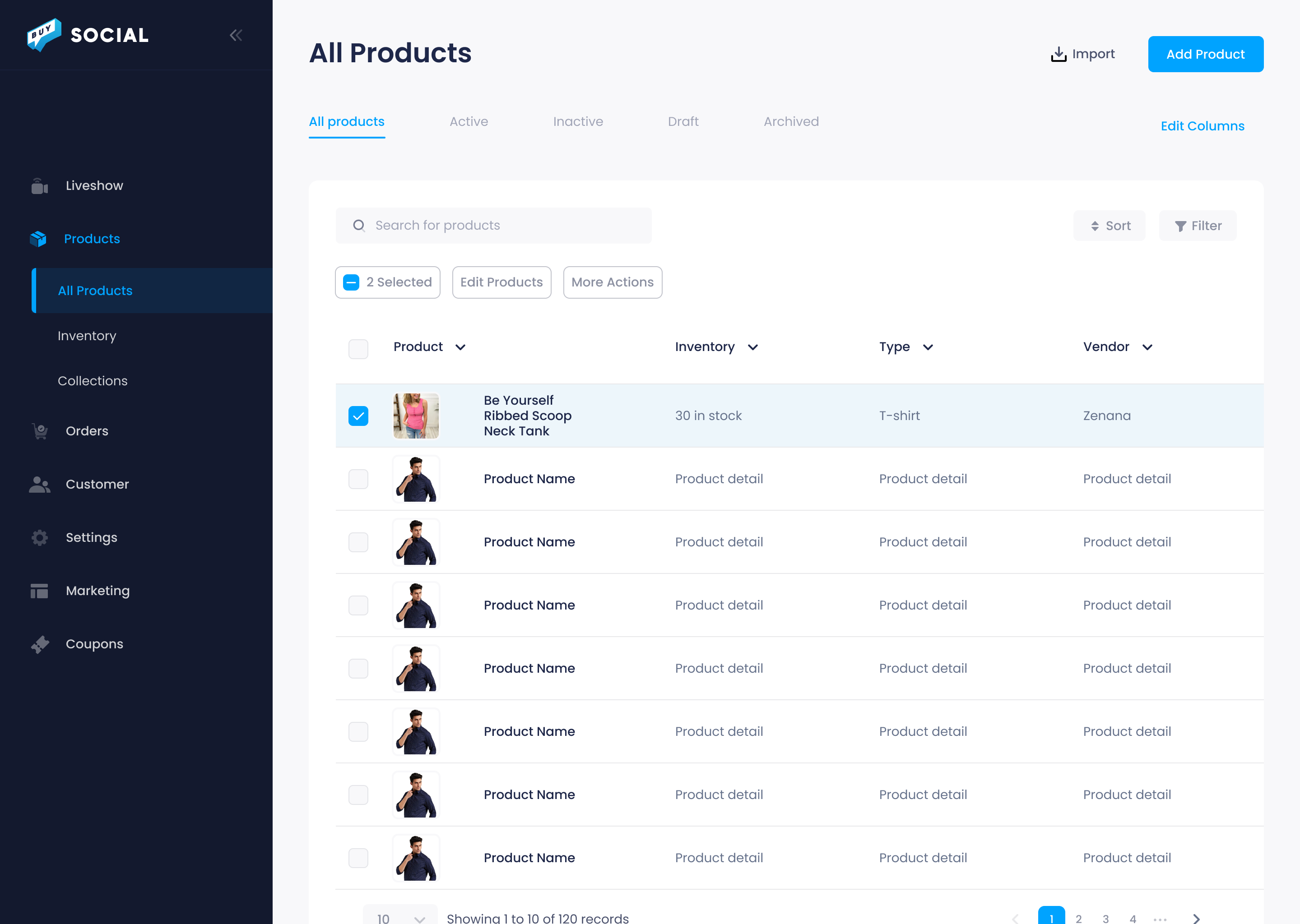 Buy Social products dashboard with one-click import, product catalog sync, and live inventory levels across channels