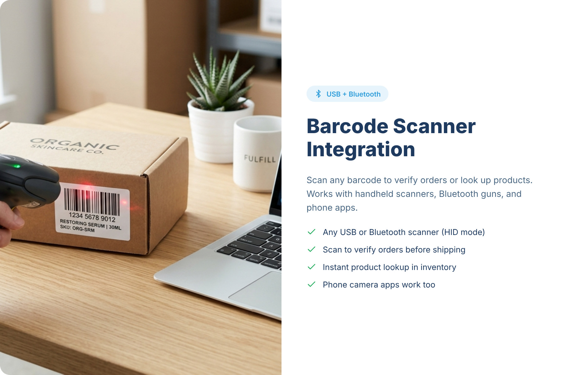 Bluetooth barcode scanner next to a MacBook showing Buy Social barcode scanner integration features and compatibility