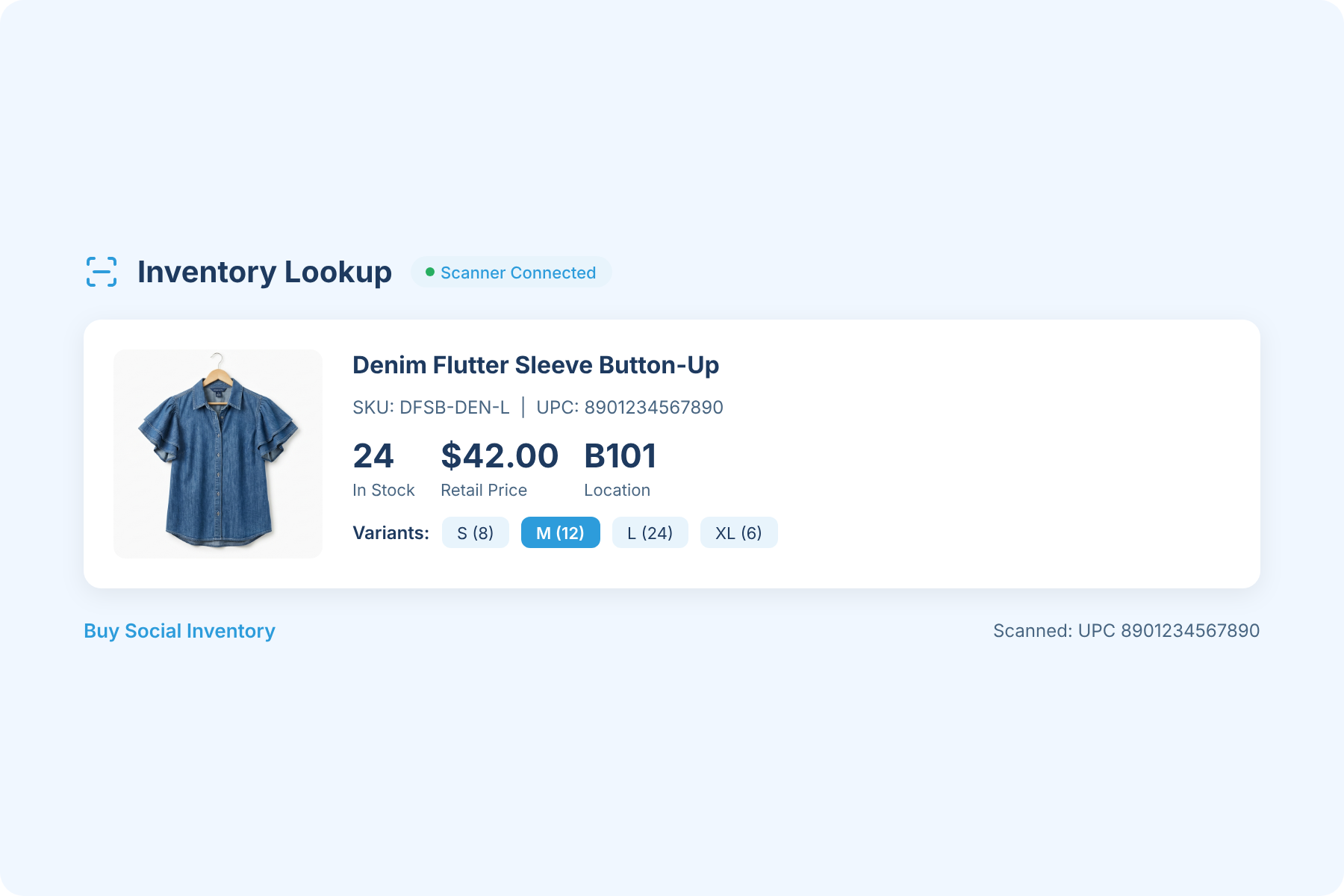 Buy Social inventory lookup screen showing product details, stock levels, pricing, and variant sizes after scanning a barcode