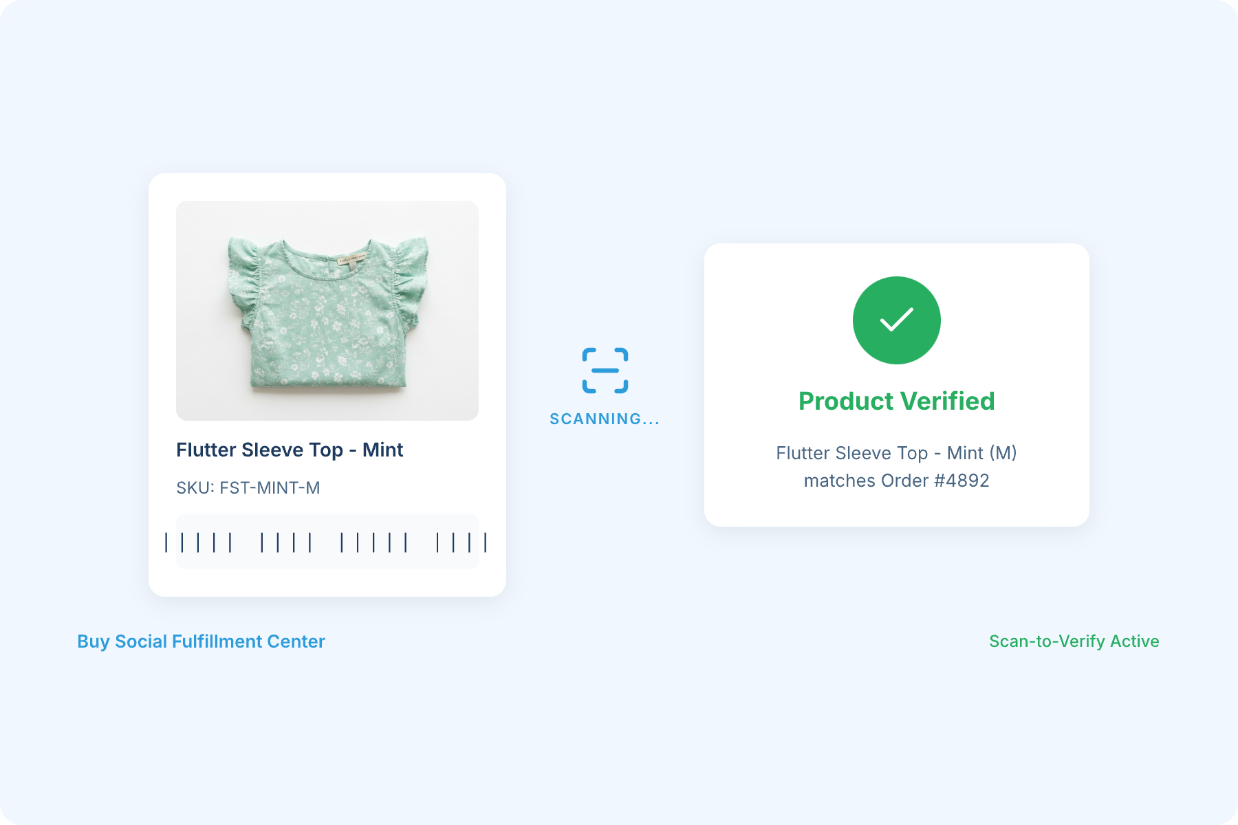 Buy Social fulfillment center with barcode scanner verifying a product before shipping