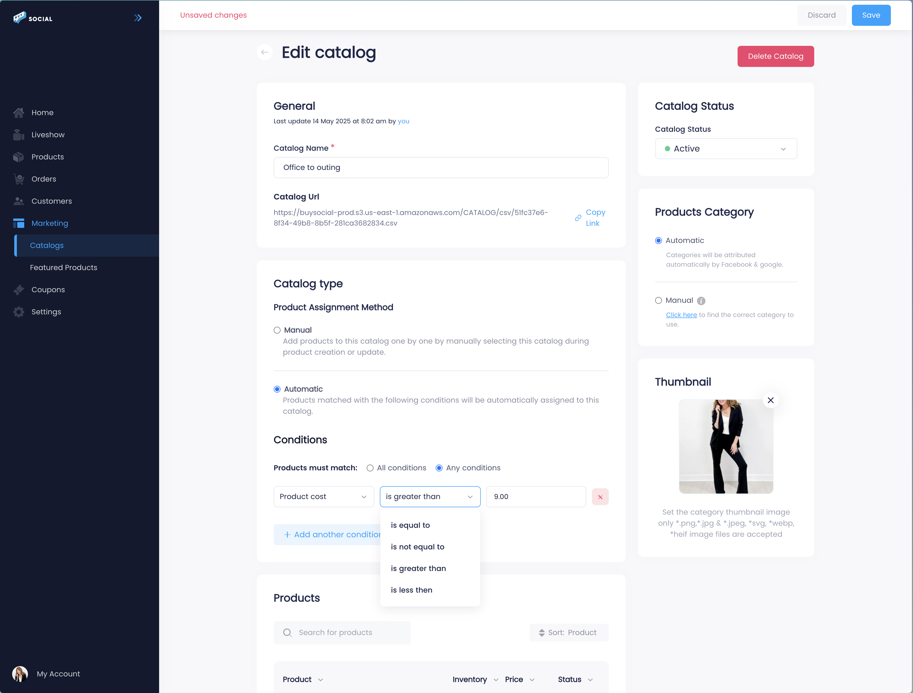 Buy Social catalog editor showing automatic product assignment with conditions builder, catalog URL for shopping engines, catalog status set to active, and product category options for automatic or manual attribution by Facebook and Google