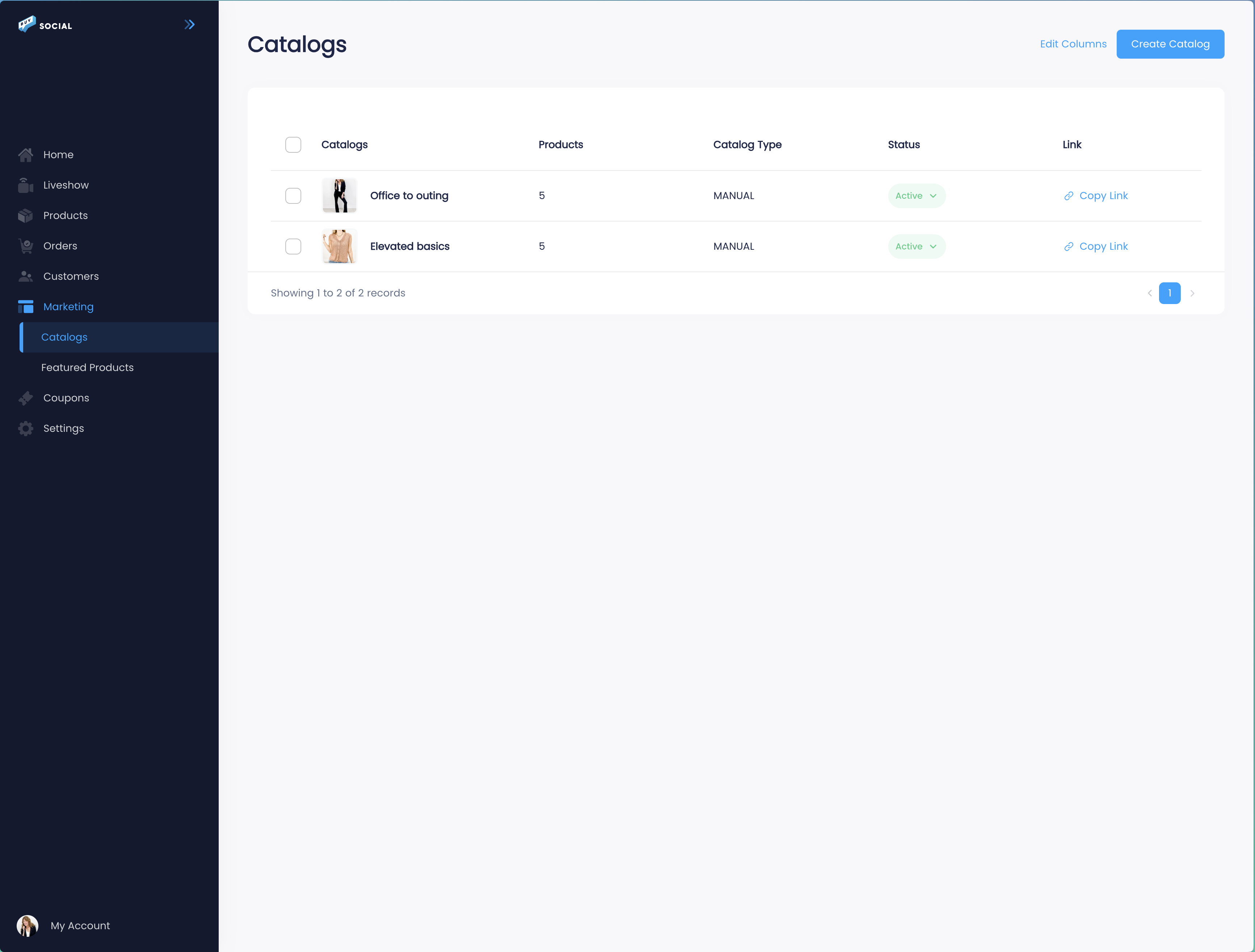 Buy Social catalogs screen showing two active catalogs, Office to outing and Elevated basics, each with 5 products, catalog type, status, and a Copy Link button for sharing with shopping engines