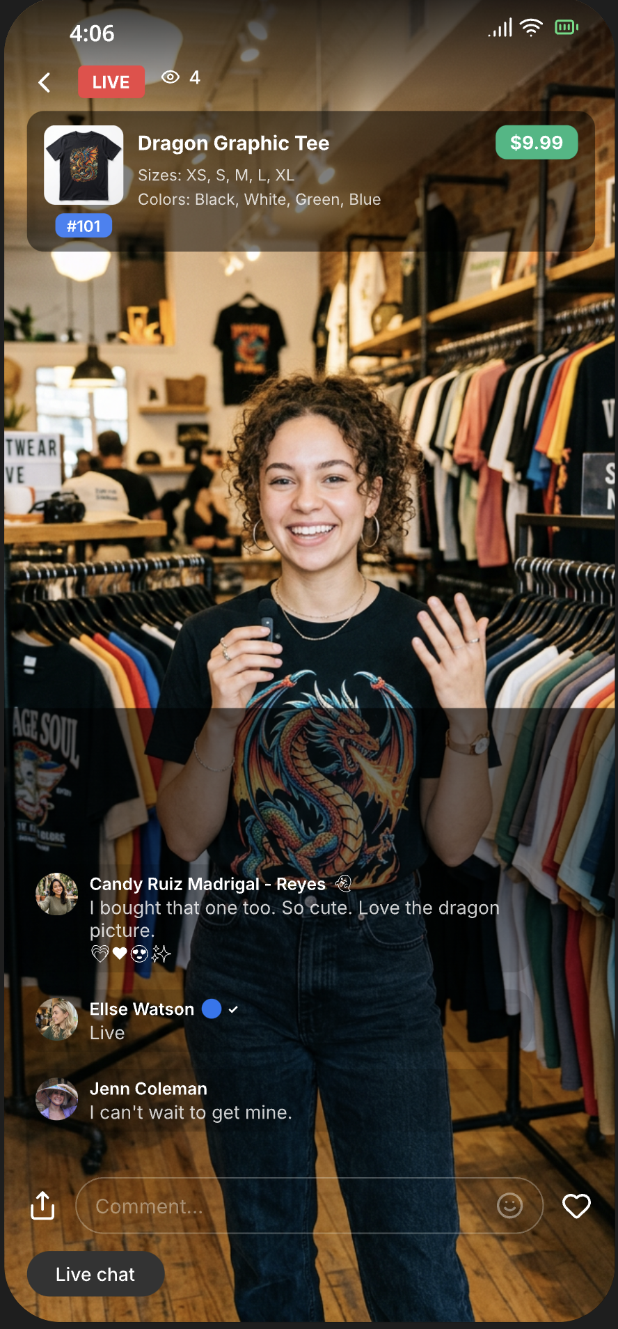 Buy Social mobile app showing a live show with product overlay, live comments, and a viewer about to purchase