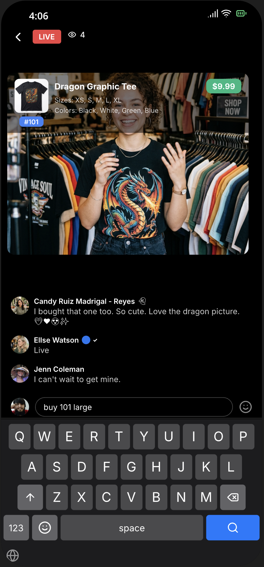 Facebook Live stream showing a viewer typing buy 101 large in the comments to purchase a Dragon Graphic Tee