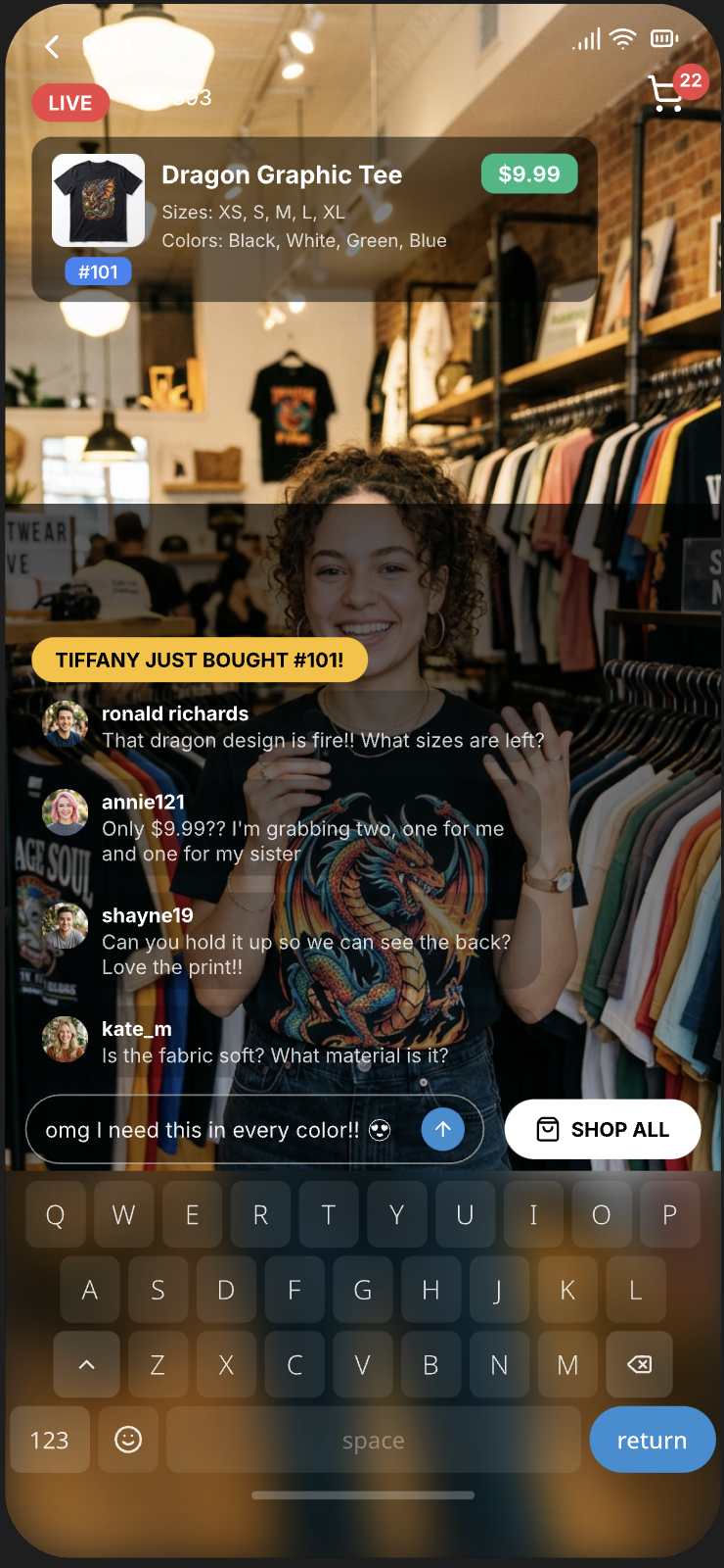 Buy Social mobile app live show with real-time comments, a purchase notification showing someone just bought product 101, and a SHOP ALL button
