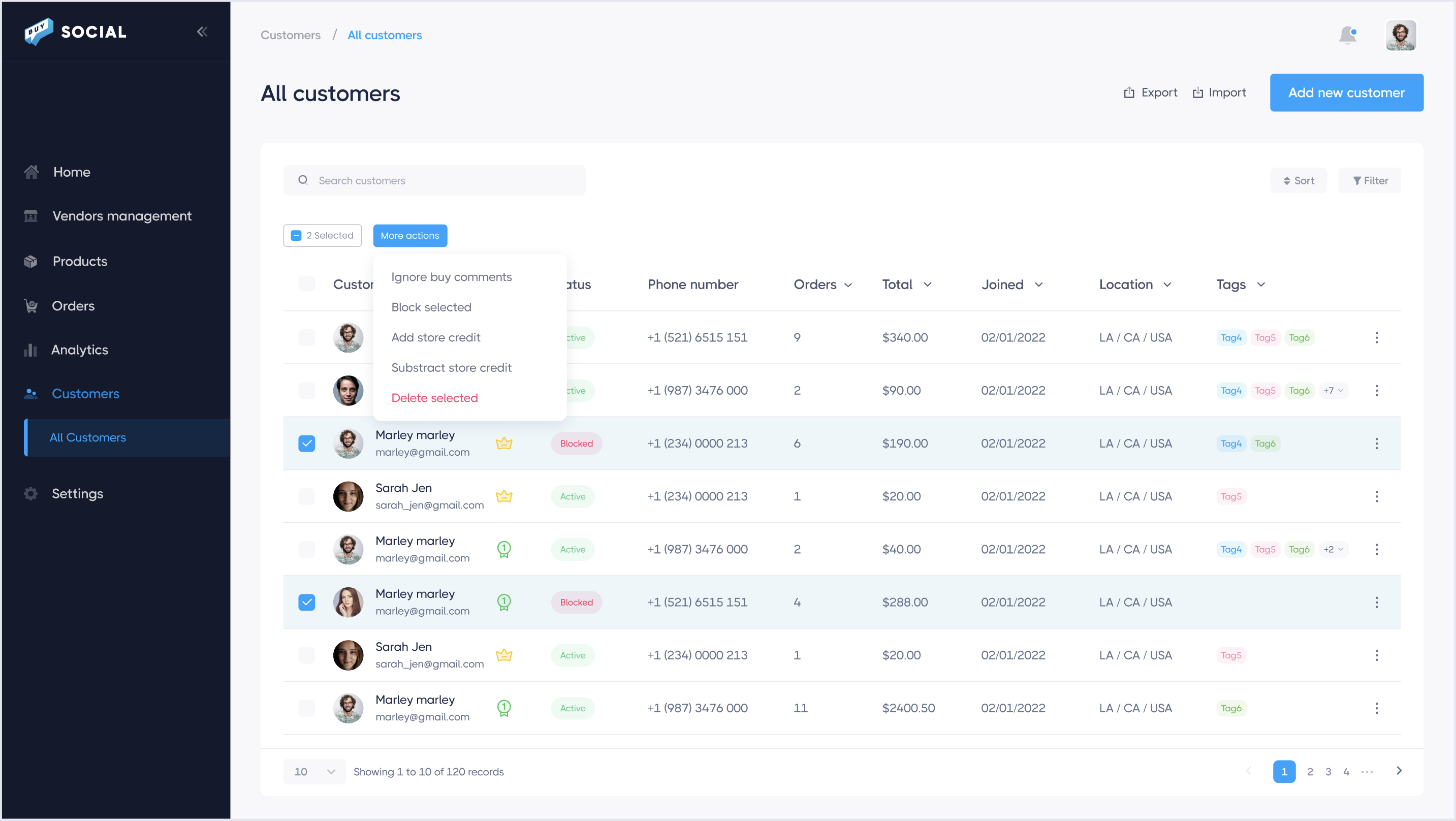Buy Social customer bulk actions menu showing options to ignore buy comments, block selected, add store credit, subtract store credit, and delete selected