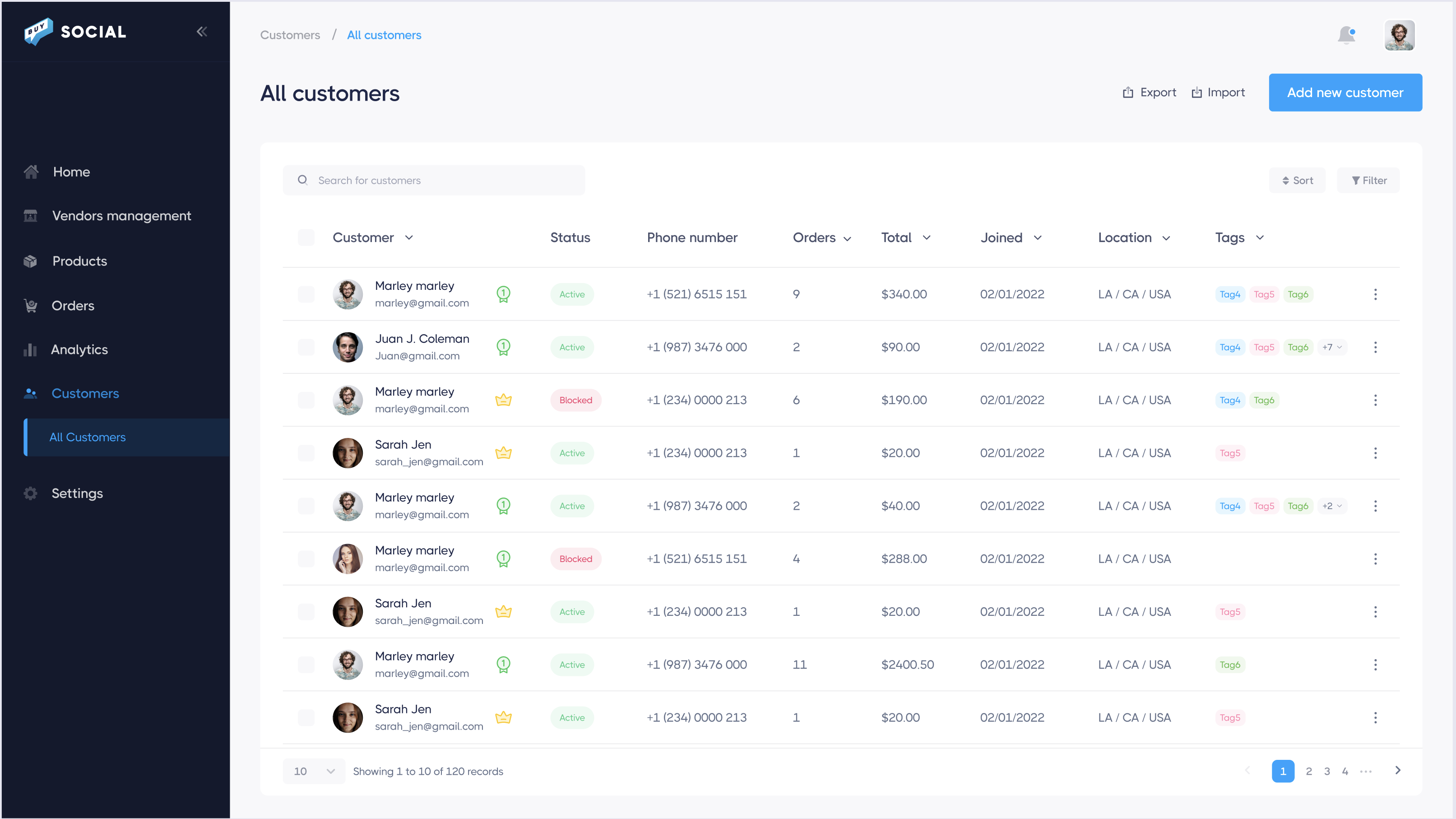 Buy Social all customers dashboard showing customer list with status, phone number, orders, total spent, join date, location, and tags