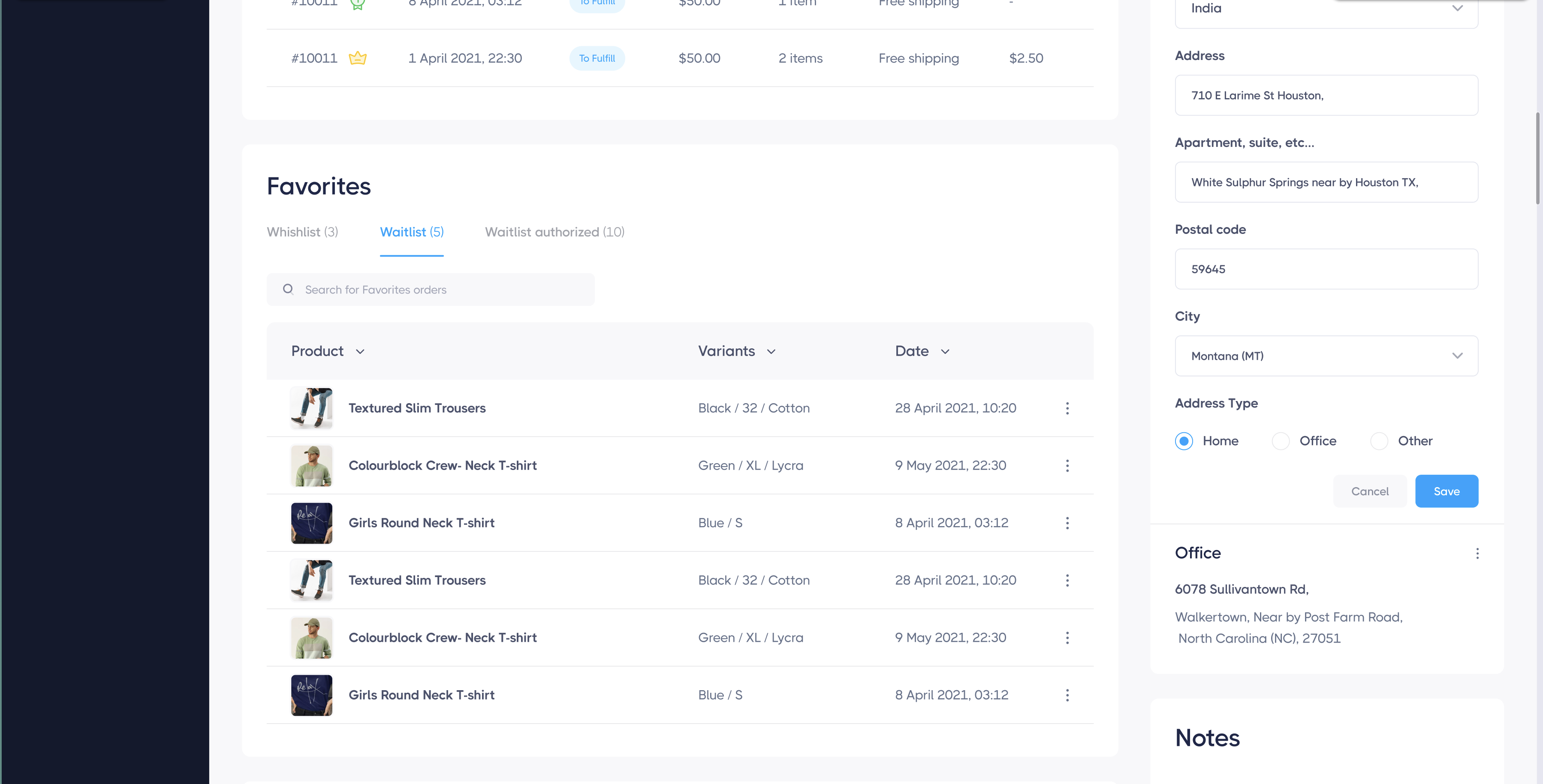 Buy Social customer favorites section showing wishlist, waitlist, and waitlist authorized tabs with product names, variants, and dates