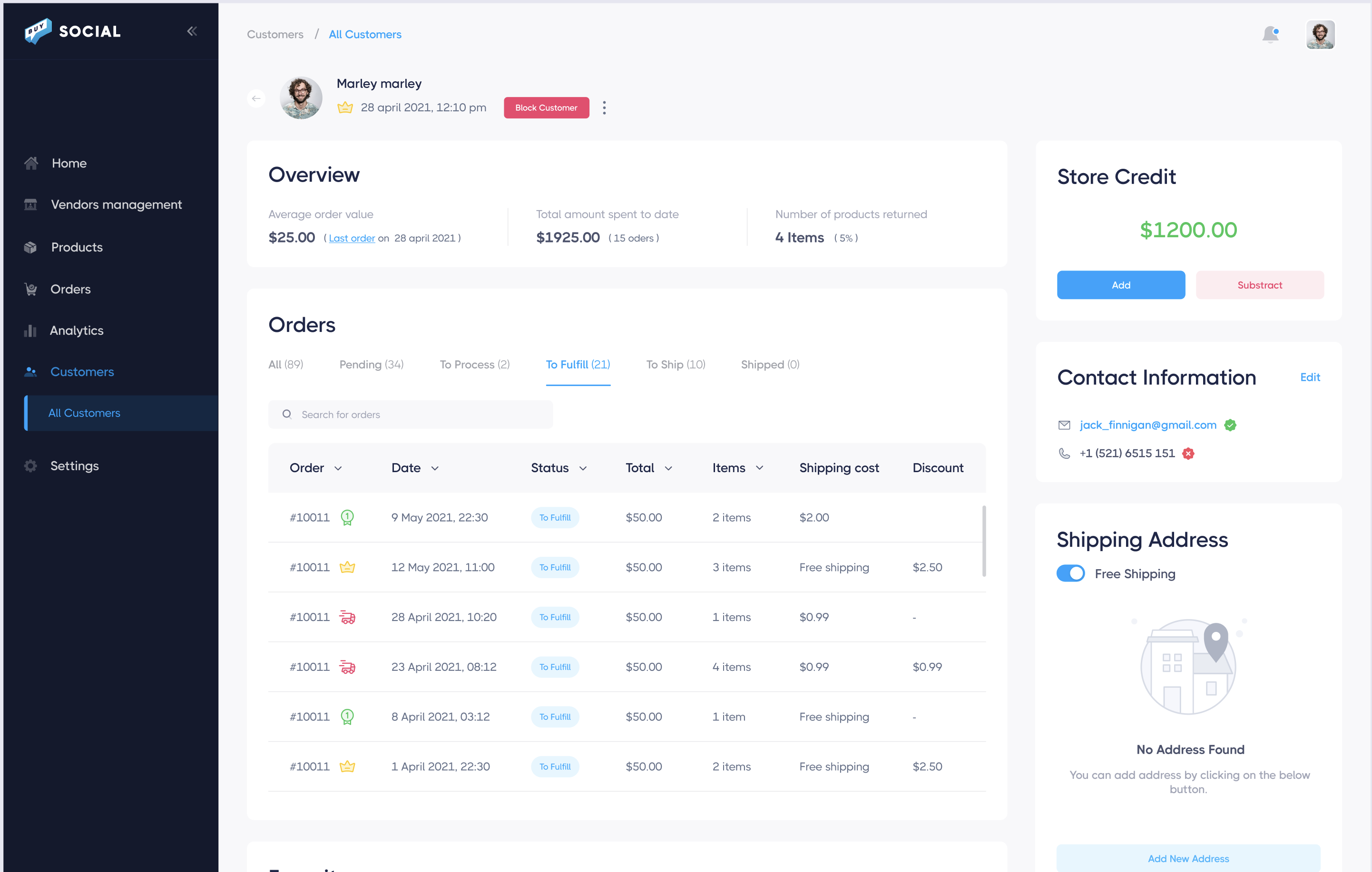 Buy Social individual customer profile showing overview stats, store credit balance with add and subtract buttons, order history with pipeline tabs, contact information, and shipping address