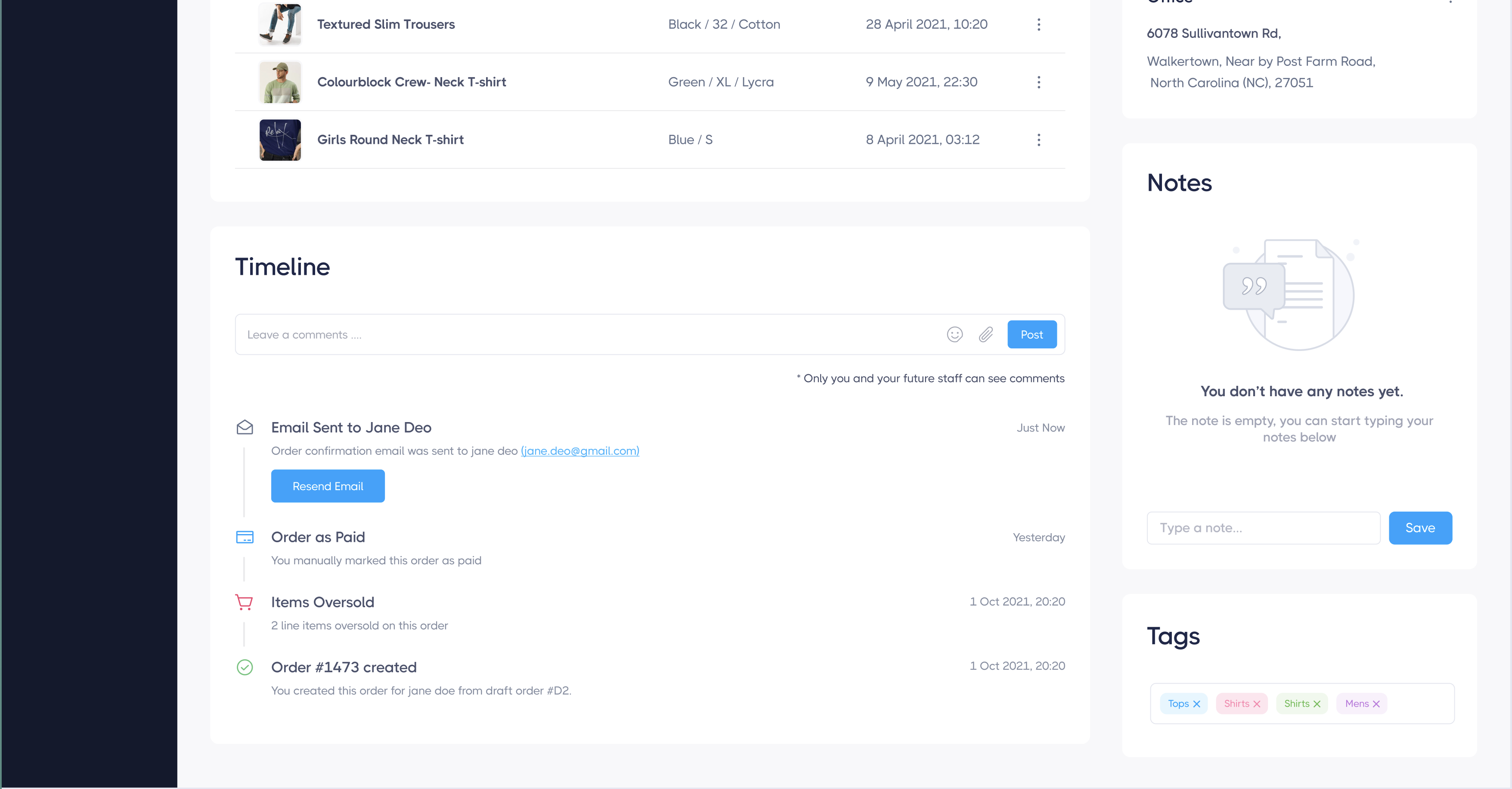 Buy Social customer timeline showing logged events like email sent, order paid, and order created, with internal notes and tags sections