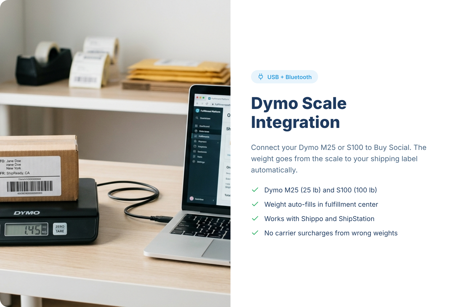 Dymo S100 shipping scale connected via USB to a MacBook running Buy Social, showing supported models and integration features