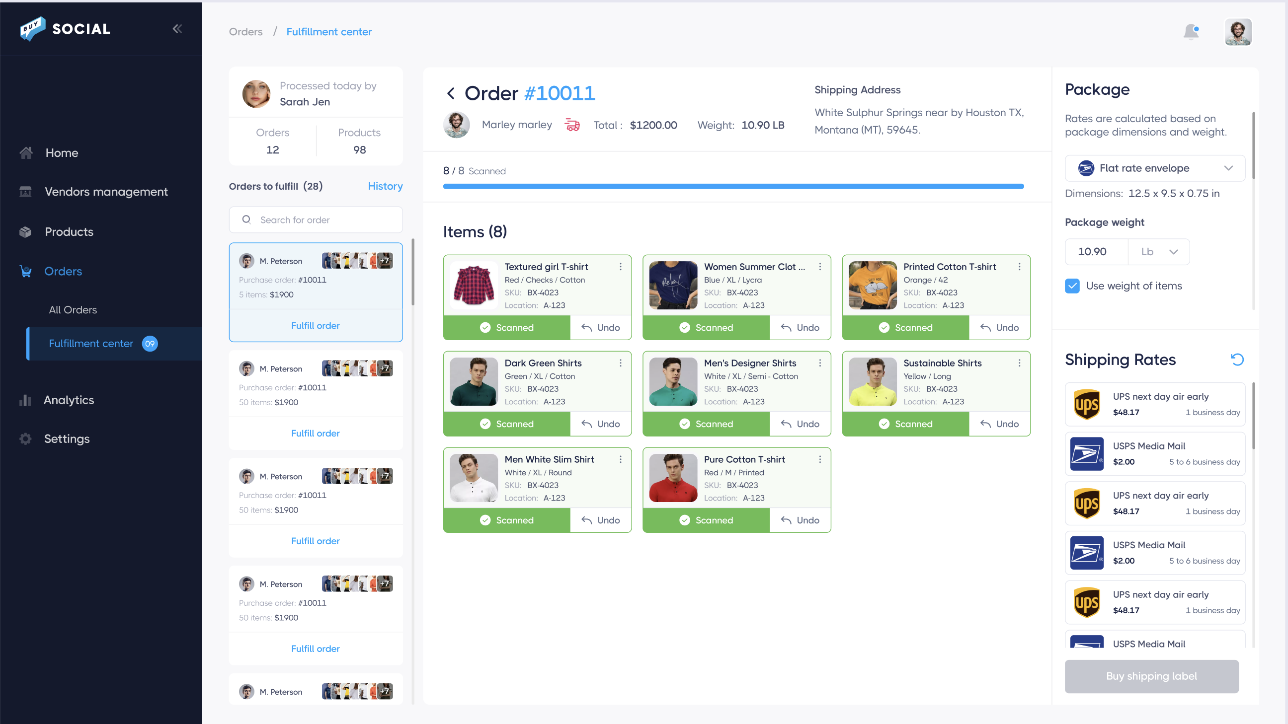 Buy Social fulfillment center with a Dymo shipping scale connected, showing real-time package weight and carrier rate comparison