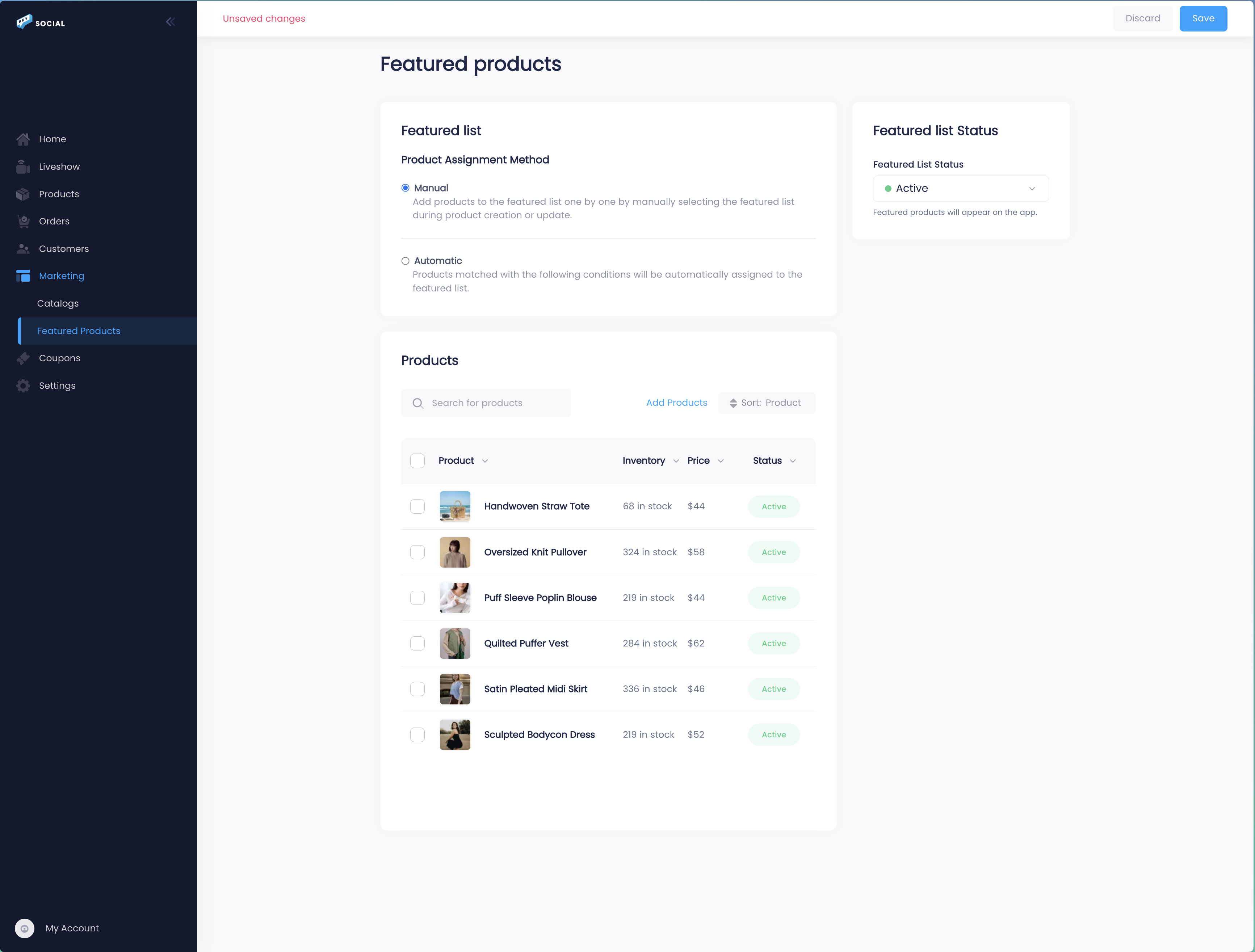 Buy Social featured products screen showing manual product assignment with a list of active products including Handwoven Straw Tote, Oversized Knit Pullover, Puff Sleeve Poplin Blouse, and more with inventory counts and prices