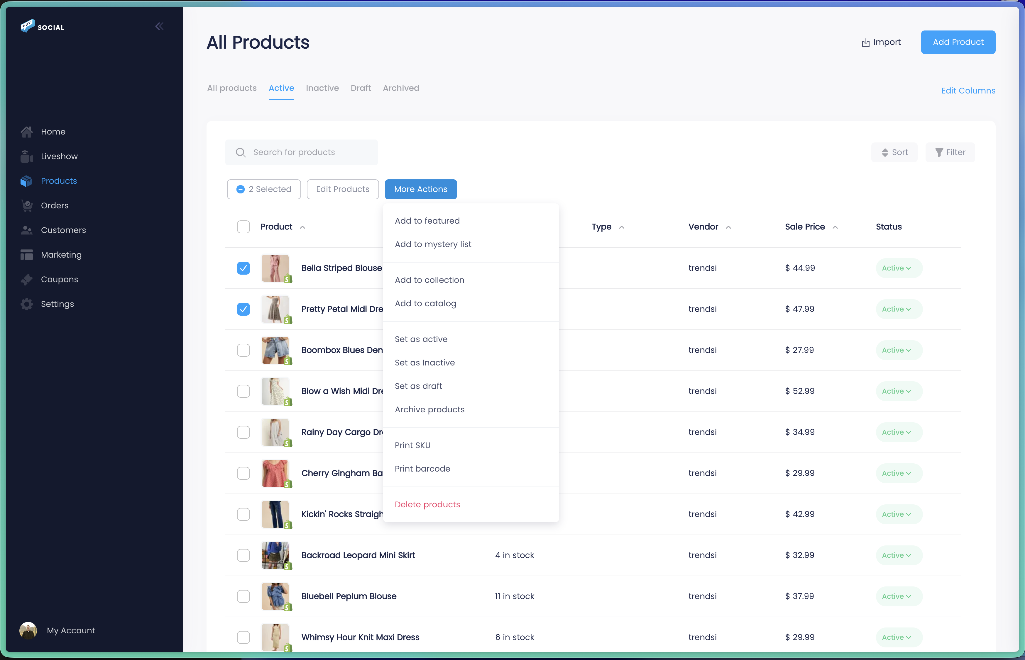 Buy Social all products screen with bulk actions menu showing options like add to featured, add to collection, set status, print SKU, and print barcode