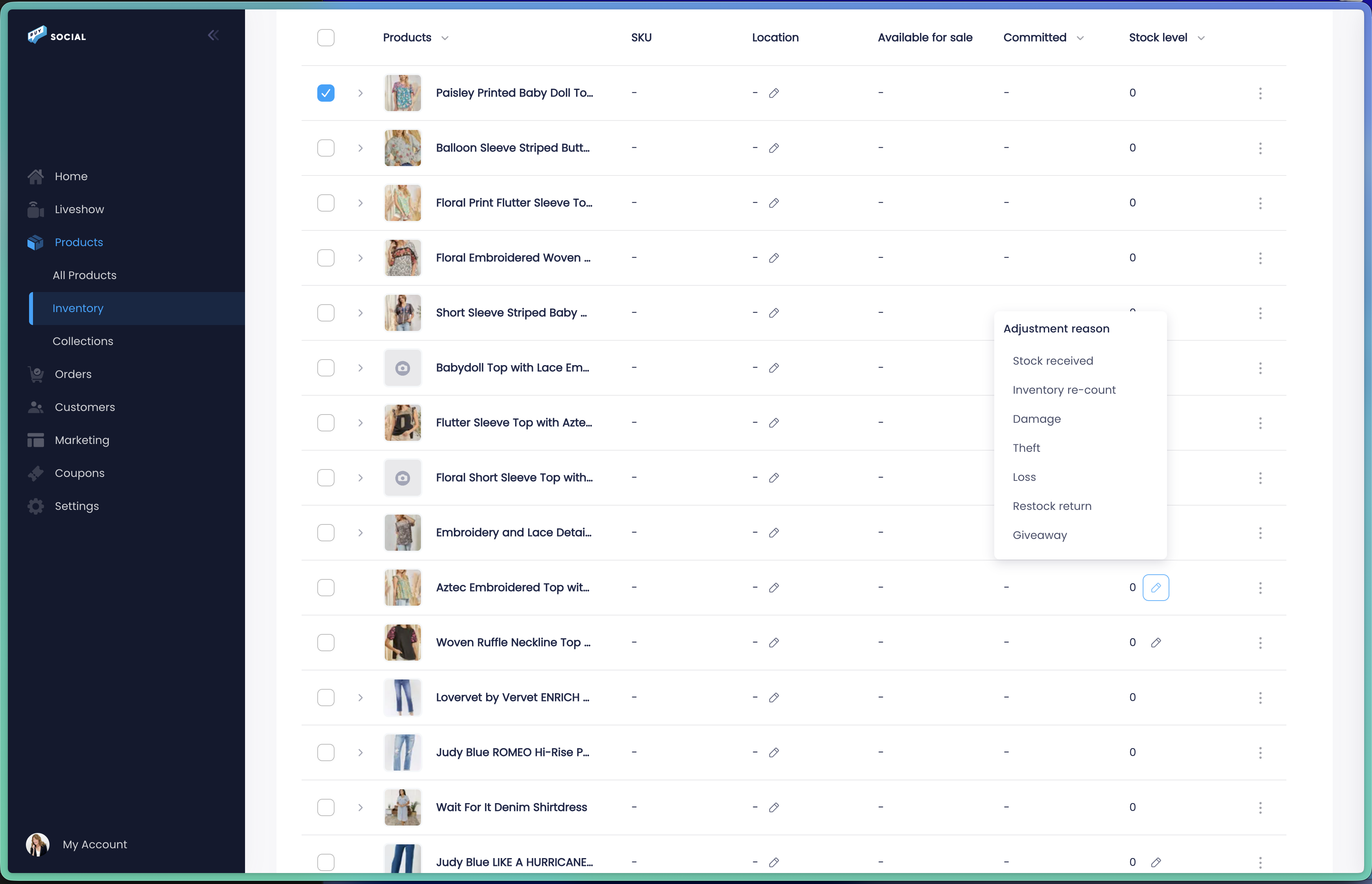 Inventory adjustment reason dropdown showing options: stock received, inventory re-count, damage, theft, loss, restock return, giveaway