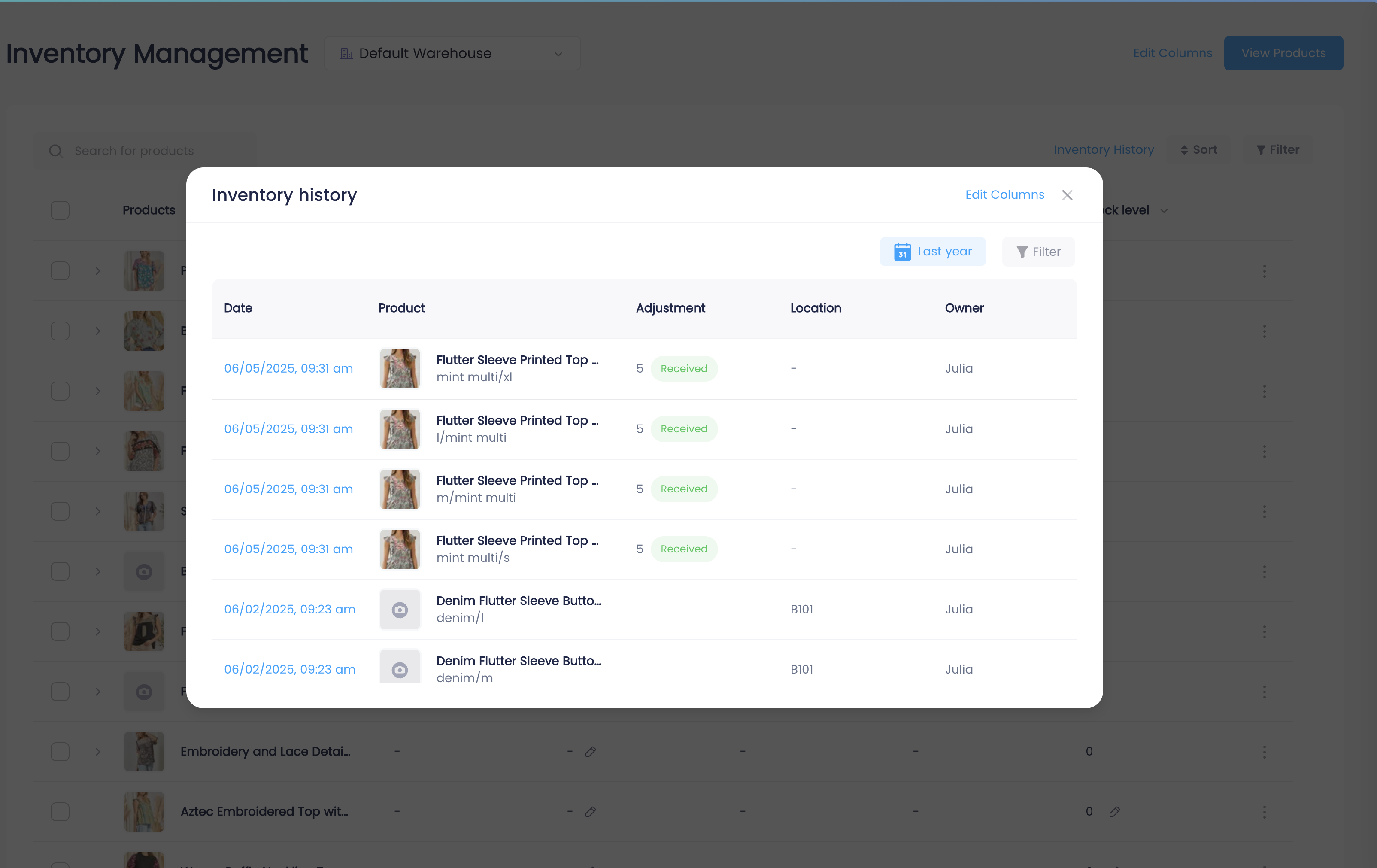 Buy Social inventory history showing date, product, adjustment type, location, and which user made each change