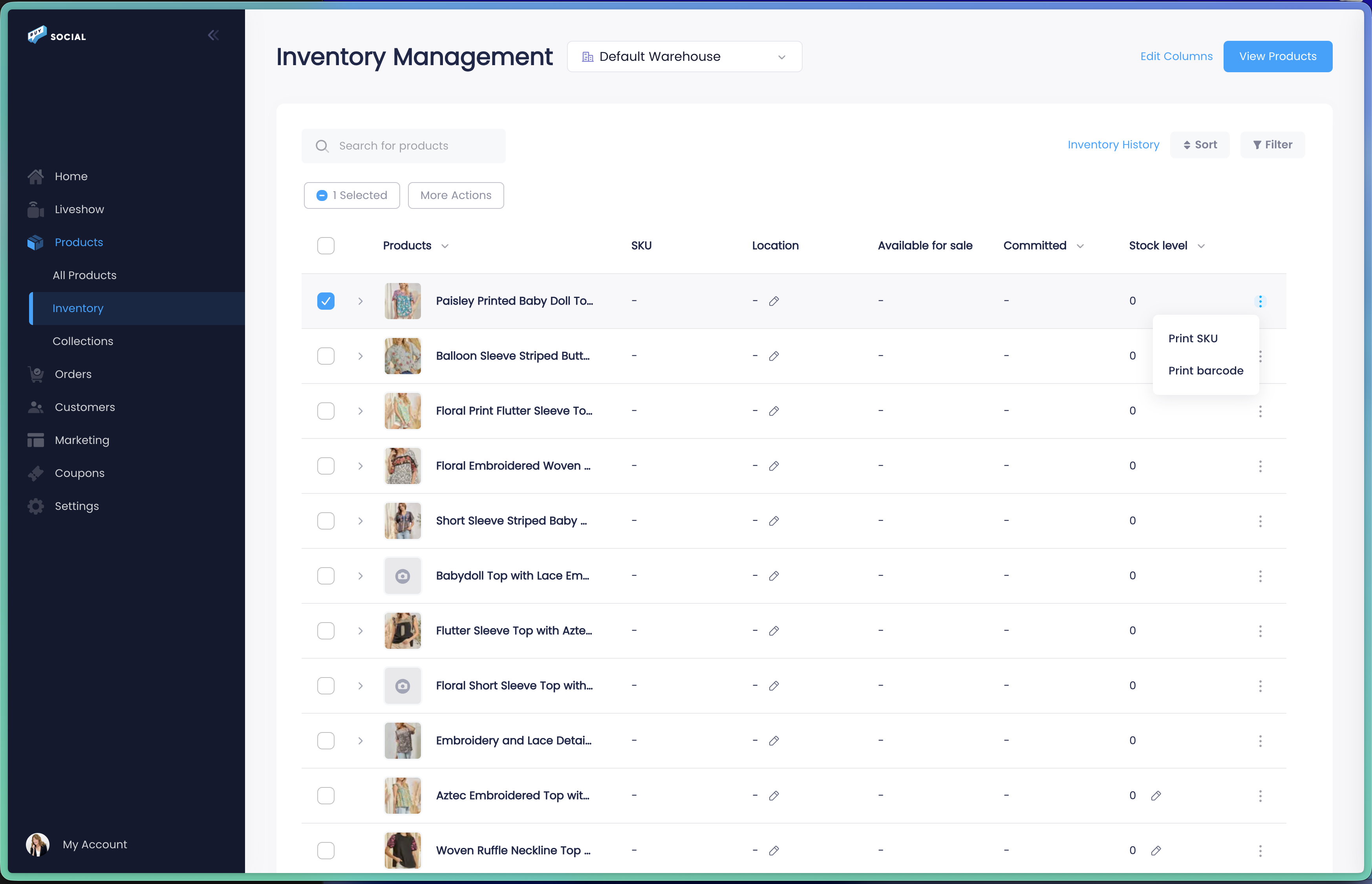 Buy Social inventory screen showing print SKU and print barcode options in the action menu
