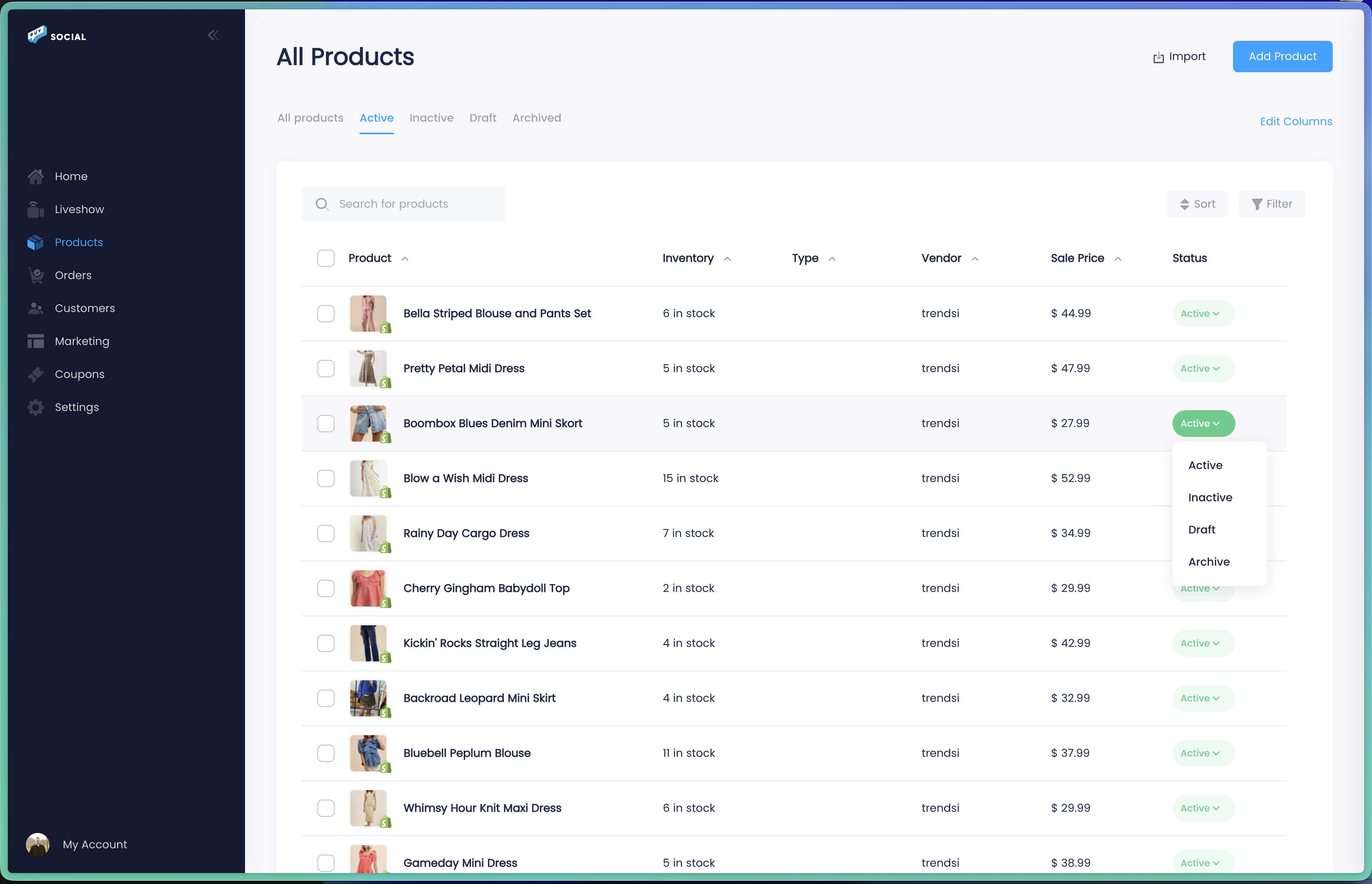 Buy Social inventory screen showing product status options including active, inactive, draft, and archived