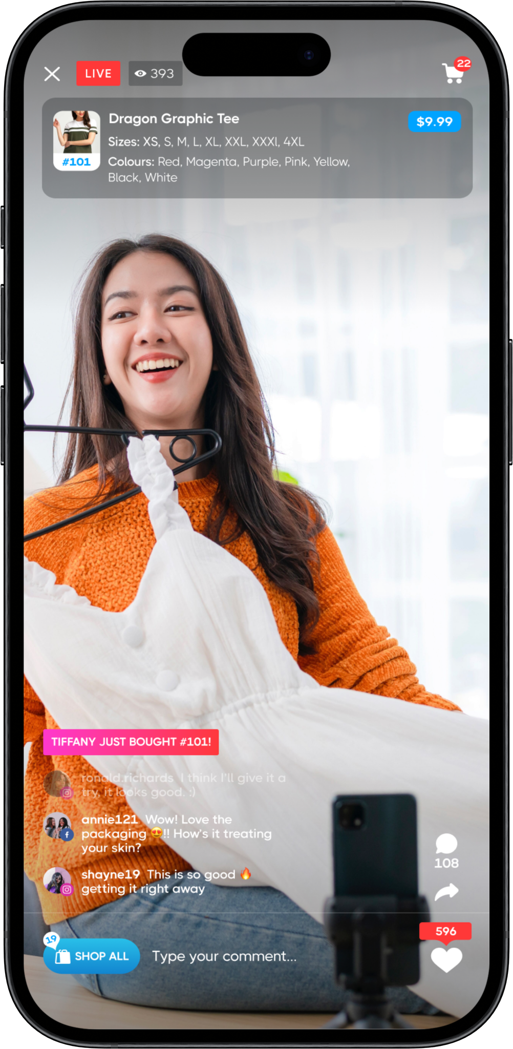 Buy Social live show on mobile with tap-to-buy product overlay, live comments, cart, and one-tap checkout
