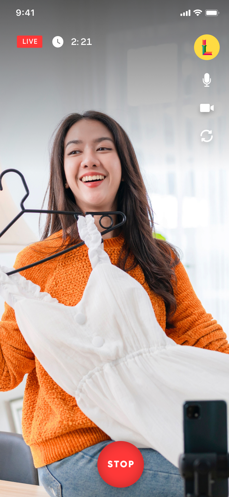 Buy Social presenter app on iPhone showing live selling controls