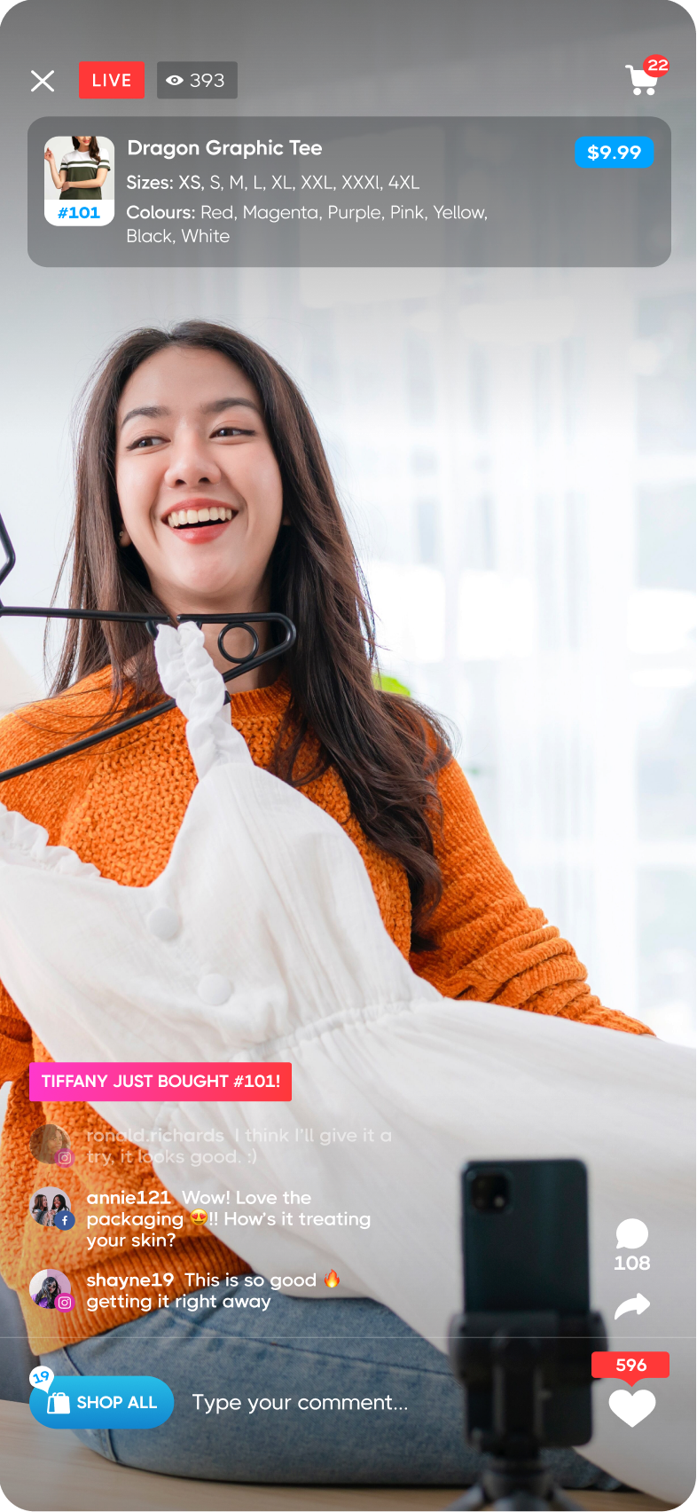 Shopper watching a live show and commenting to buy products