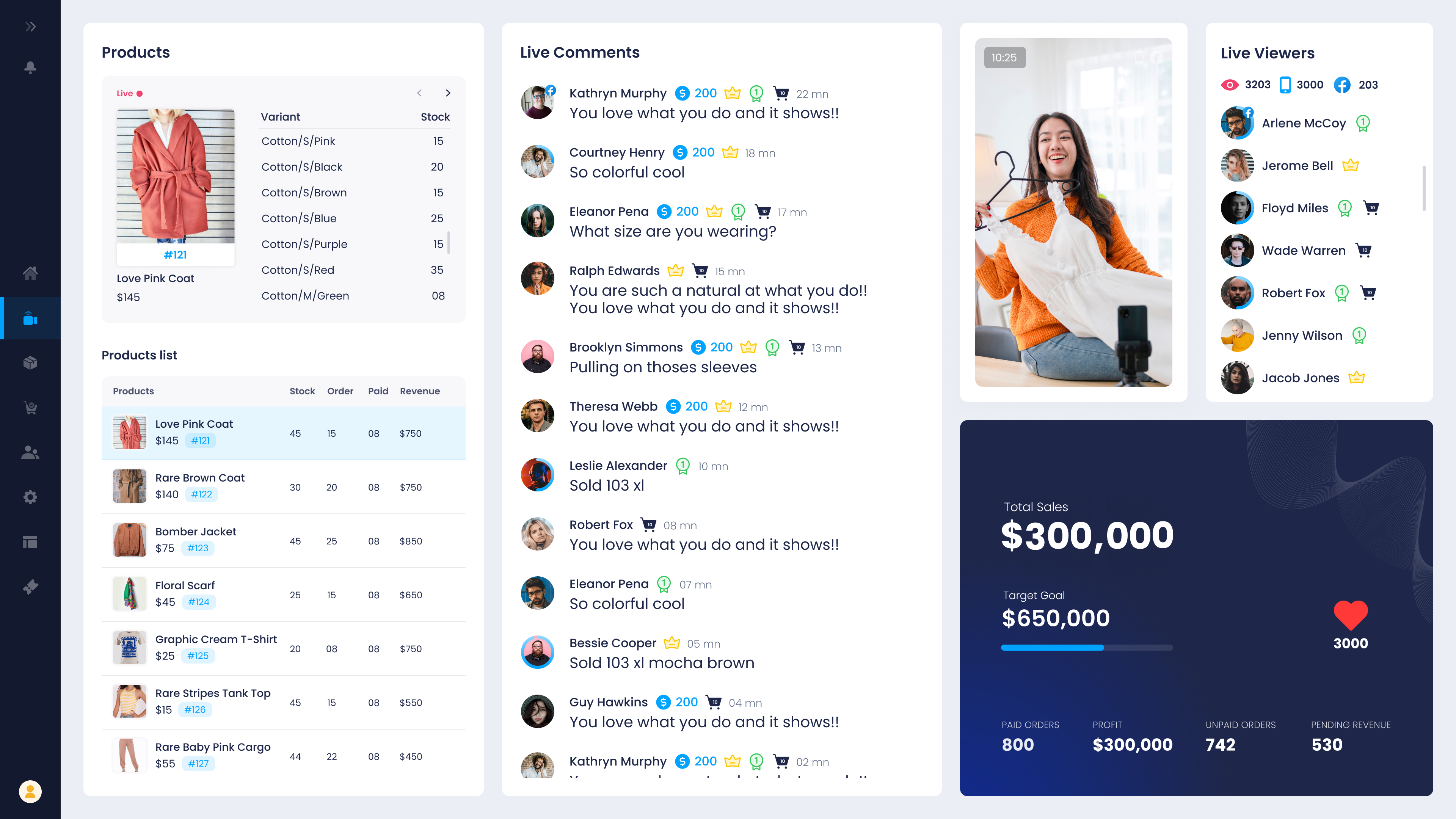 Buy Social live selling dashboard with comments, products, and live viewers