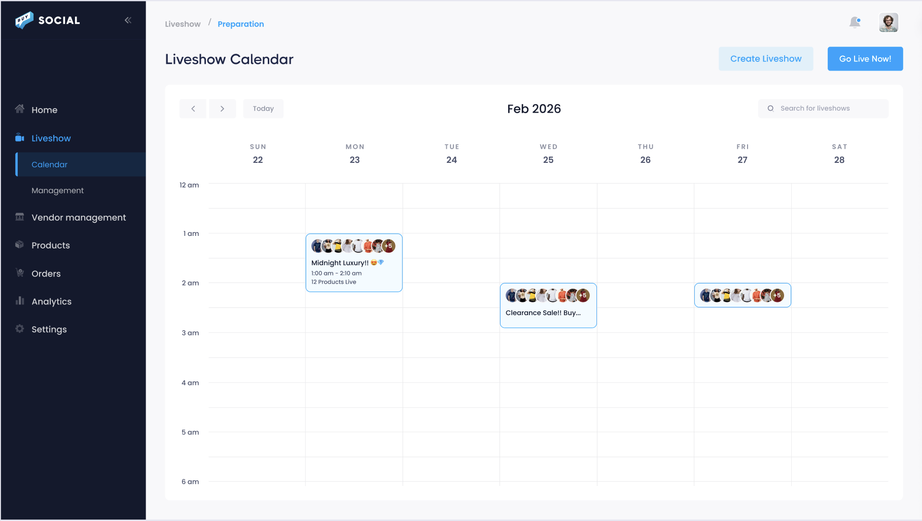 Buy Social liveshow calendar showing scheduled shows for the week with Create Liveshow and Go Live Now buttons