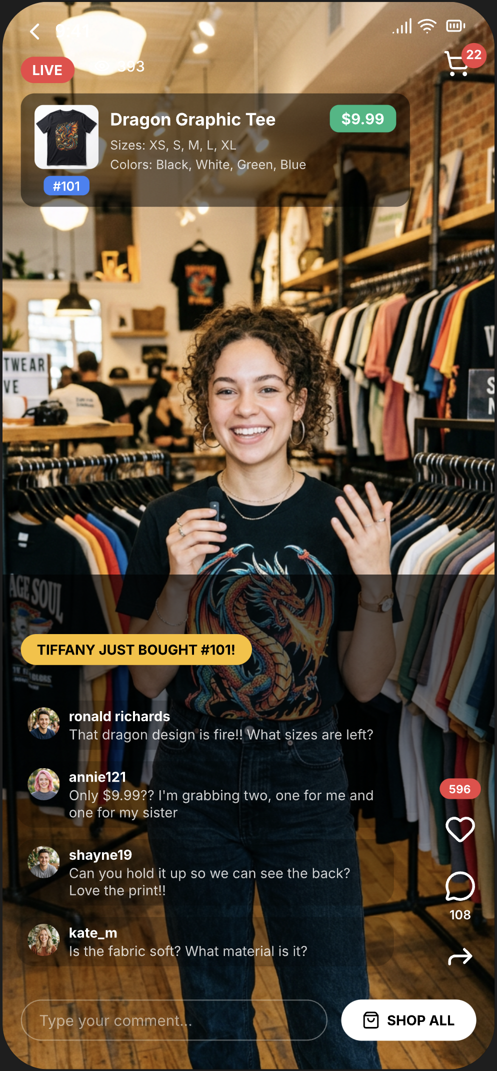 Live selling experience on the Buy Social mobile app showing product overlay and live comments