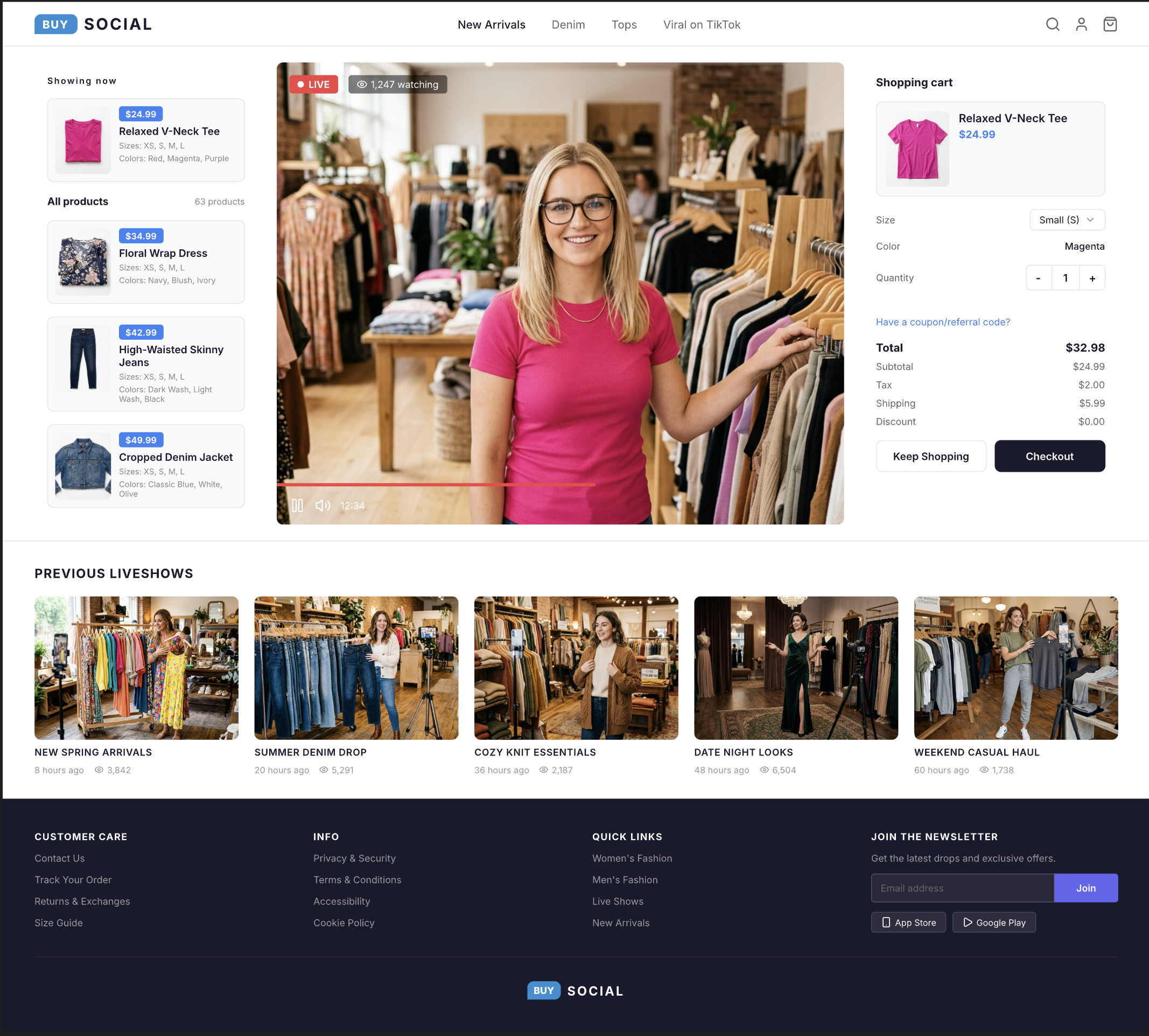 Live selling experience on the Buy Social webstore showing product catalog, live stream, and shopping cart