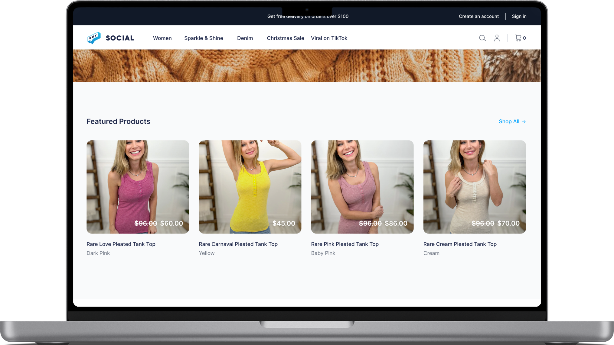 Buy Social webstore on desktop showing a shoppable liveshow replay with featured products available to buy