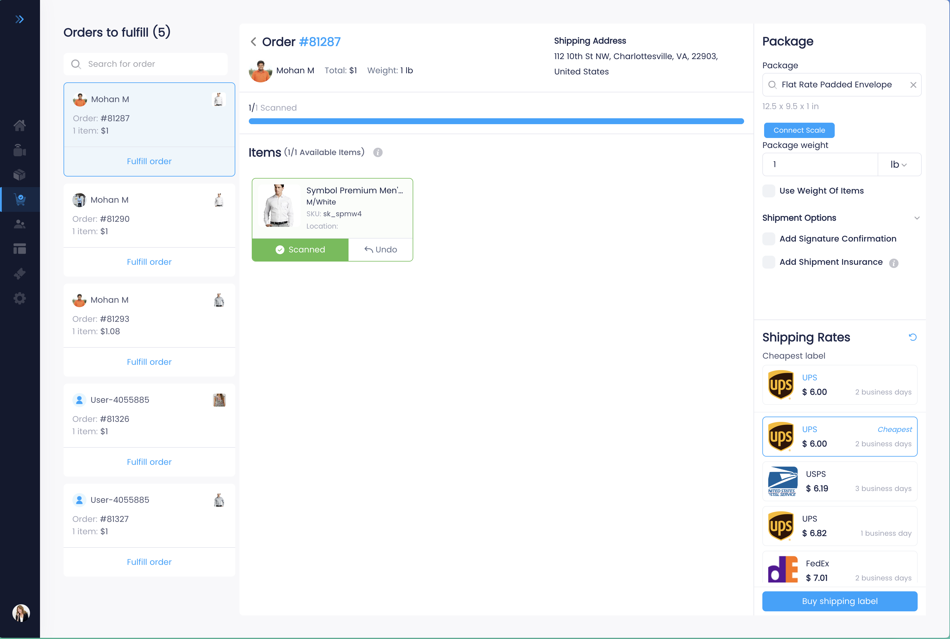 Buy Social fulfillment center showing order details with barcode scanning, connected scale, package dimensions, and live shipping rates from UPS, USPS, and FedEx with a Buy shipping label button