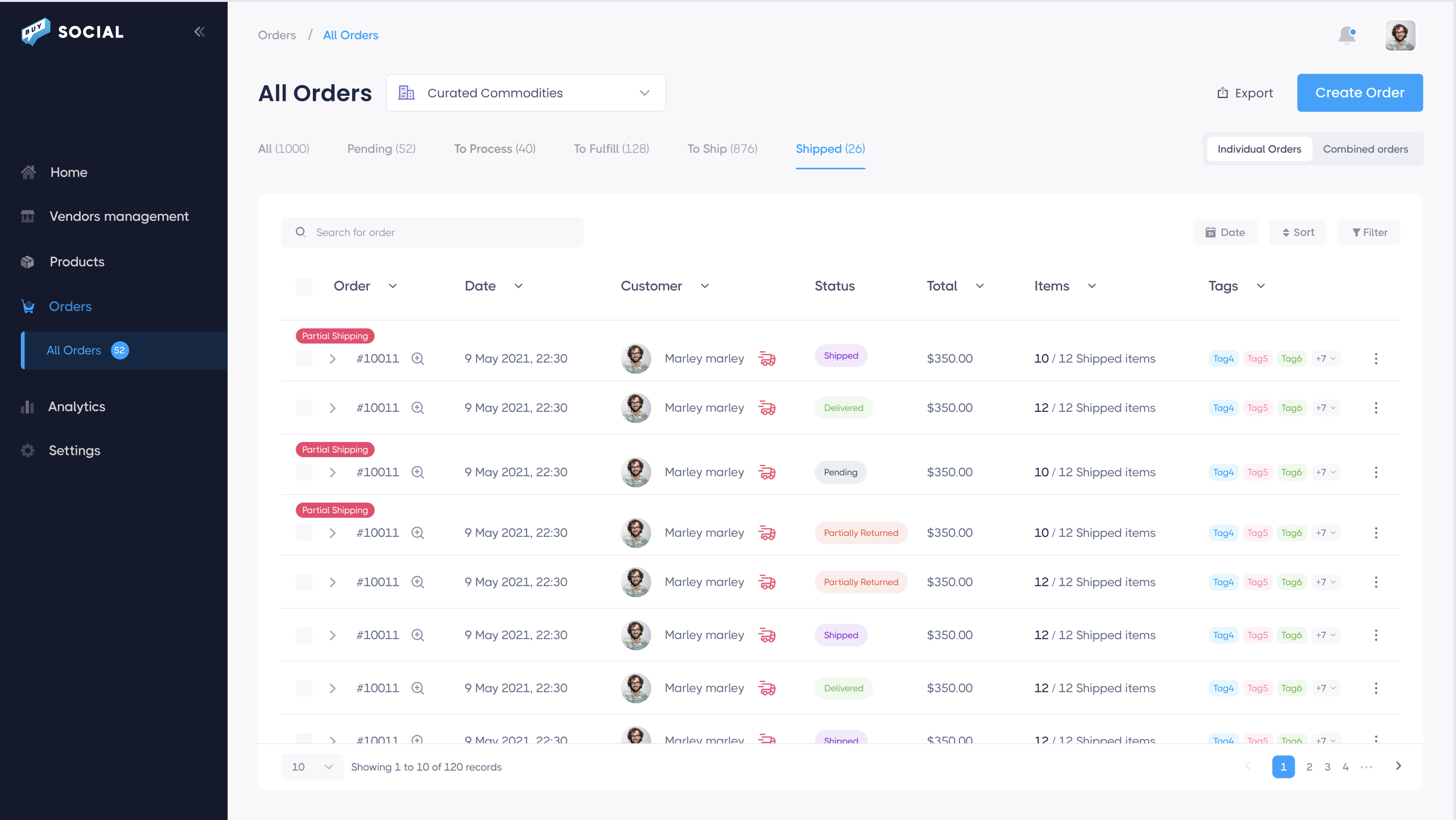 Buy Social all orders dashboard showing order list with status tabs for Pending, To Process, To Fulfill, To Ship, and Shipped
