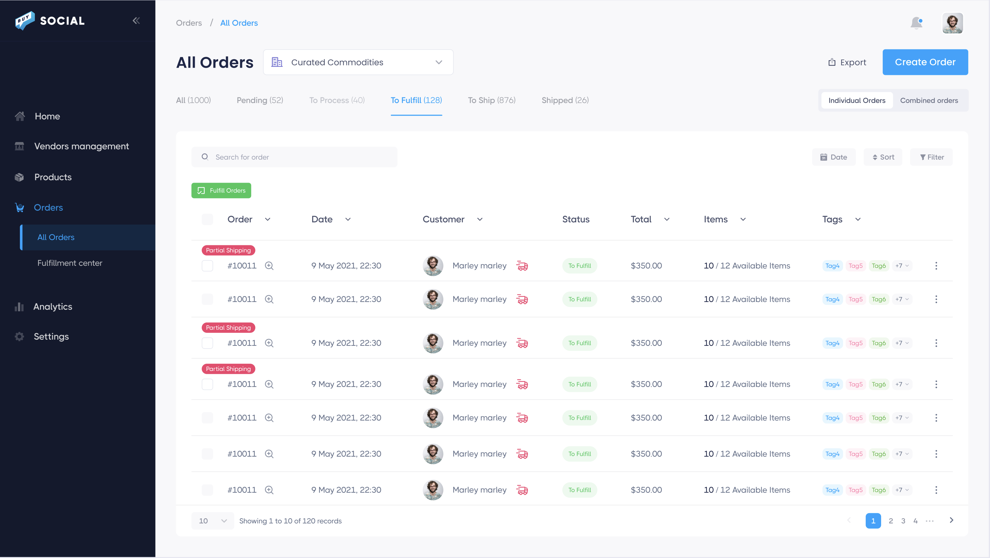 Buy Social orders screen showing To Fulfill tab with 128 orders and a Fulfill Orders button to move orders to the fulfillment center