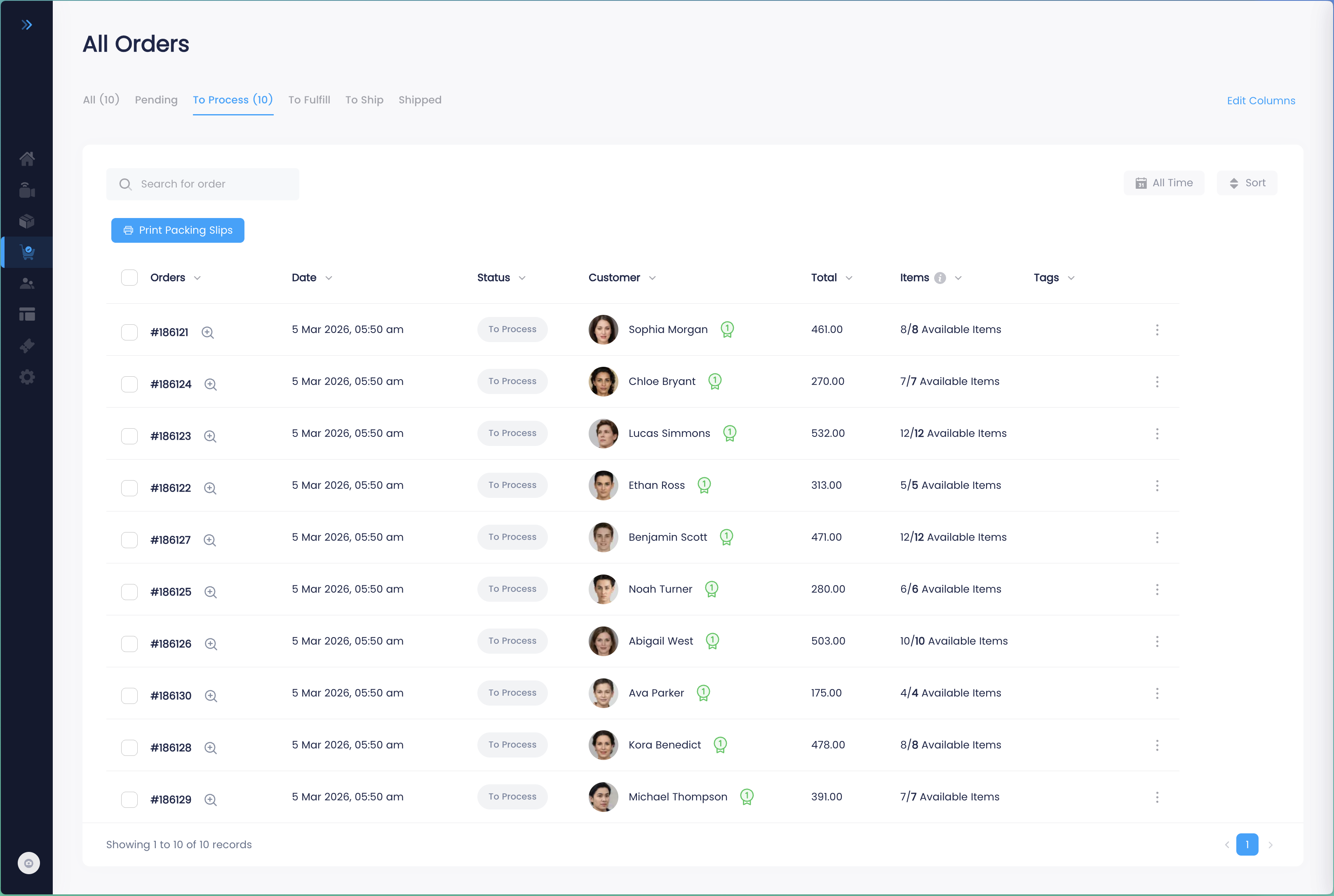 Buy Social orders screen showing To Process tab with 10 orders, Print Packing Slips button, and customer details including order totals and available items