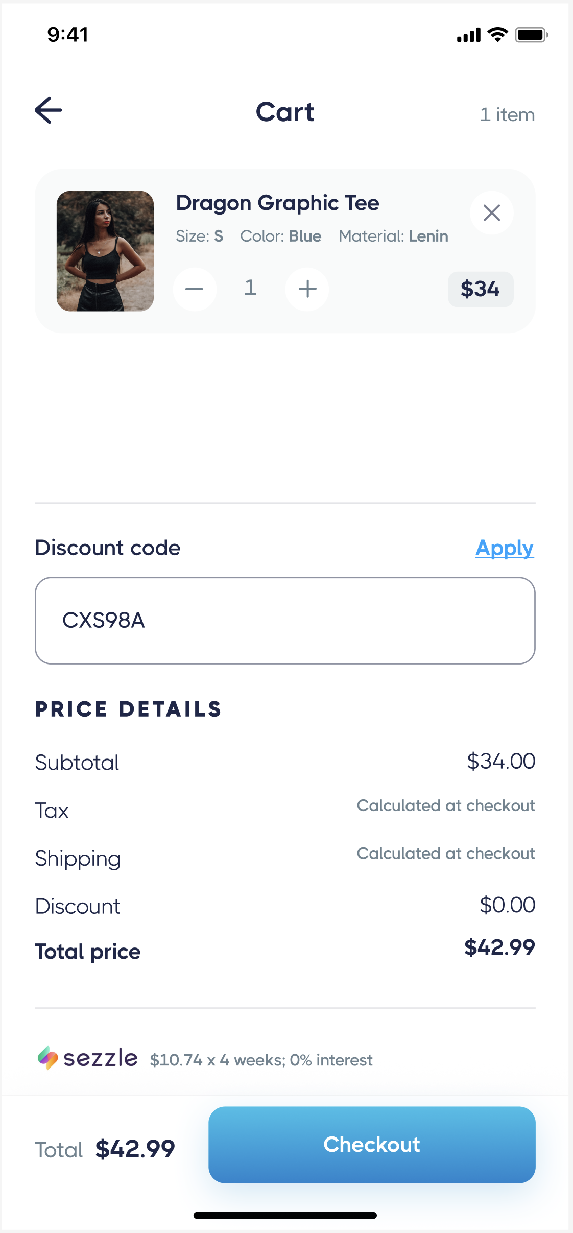 Buy Social shopper app cart screen showing a Dragon Graphic Tee in Size S, Color Blue for $34, discount code field with CXS98A entered, price details breakdown, Sezzle buy now pay later option at $10.74 times 4 weeks, and a Checkout button with total of $42.99
