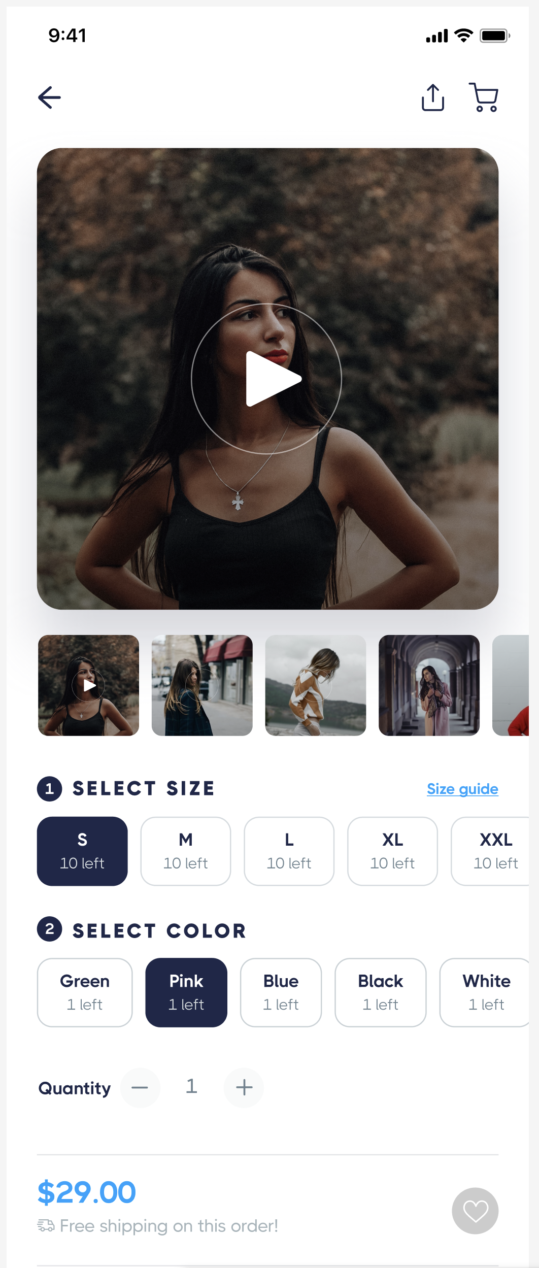 Buy Social shopper app product page showing a product video with photo thumbnails, size selector with 10 left per size, color selector with 1 left per color in Green, Pink, Blue, Black, and White, quantity picker, price at $29.00, and free shipping badge