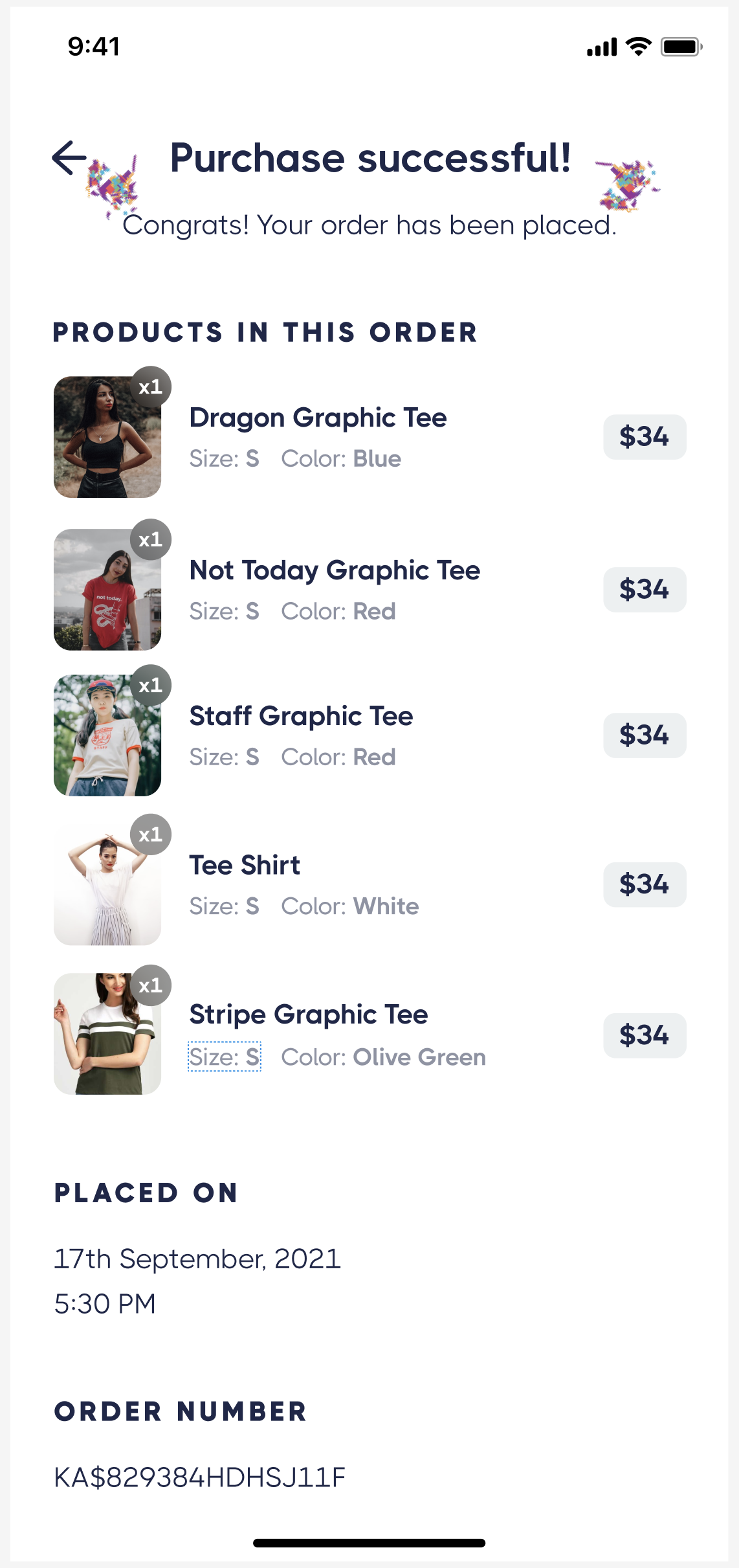 Buy Social shopper app purchase successful screen showing confetti, 5 products in the order including Dragon Graphic Tee, Not Today Graphic Tee, Staff Graphic Tee, Tee Shirt, and Stripe Graphic Tee all at $34 each, with order date and order number