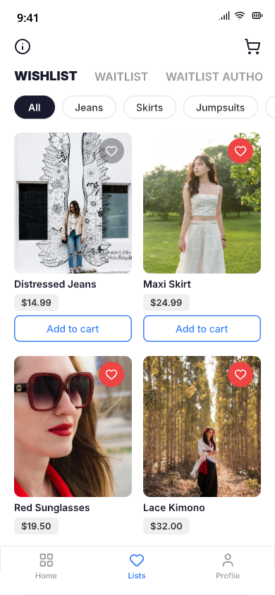 Buy Social shopper app Lists screen showing Wishlist, Waitlist, and Waitlist Authorized tabs with category filters for All, Jeans, Skirts, and Jumpsuits, product cards including Distressed Jeans, Maxi Skirt, Red Sunglasses, and Lace Kimono with heart icons, prices, and Add to Cart buttons
