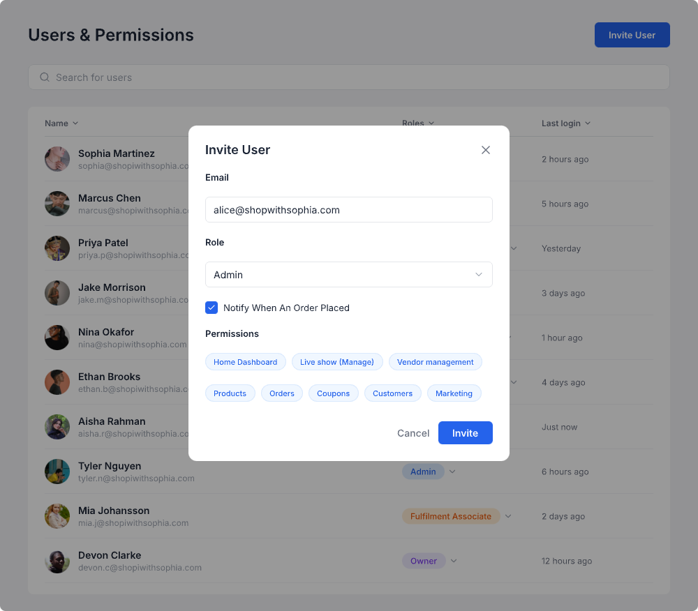 Buy Social Invite User modal showing email field, Admin role selection, order notification toggle, and granular permissions like Home Dashboard, Live show, Products, Orders, and Customers