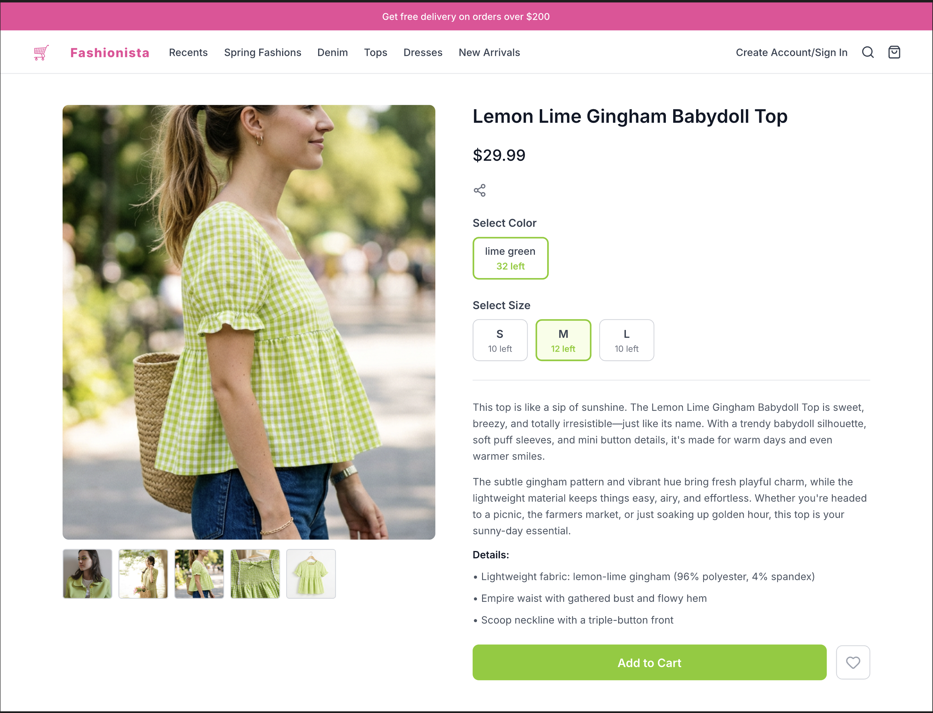 Buy Social webstore product page showing a Lemon Lime Gingham Babydoll Top at $29.99 with color selector showing 32 left in lime green, size selector showing inventory per size, product description, multiple photos, and a prominent Add to Cart button